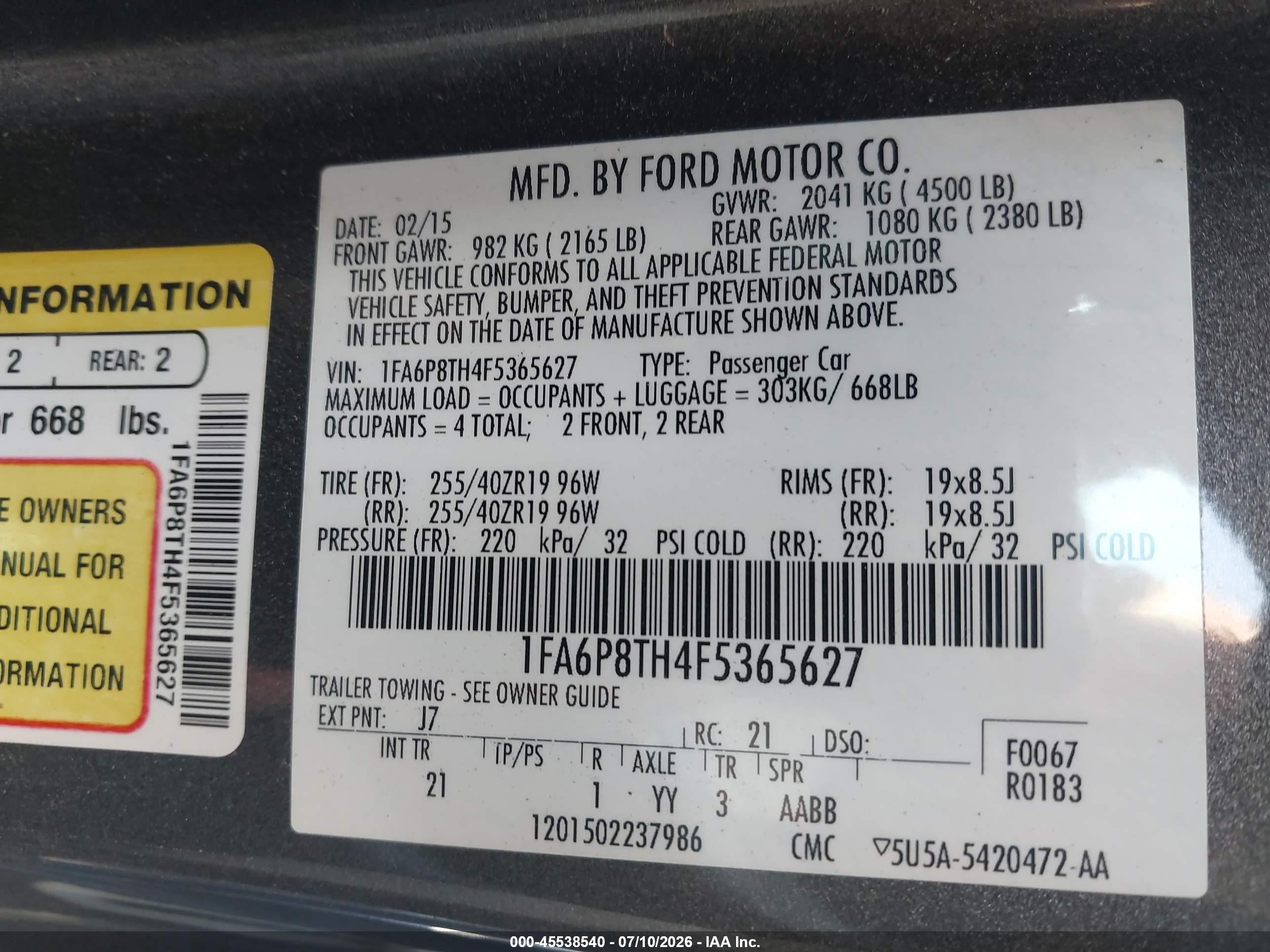 2015 Ford Mustang Ecoboost Gray vin: 1FA6P8TH4F5365627