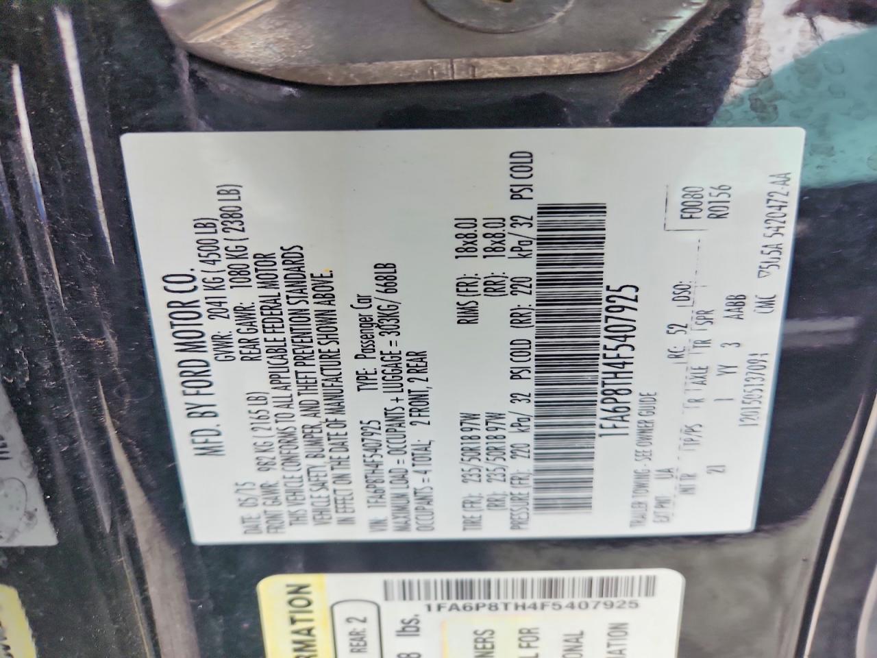 2015 Ford Mustang Black vin: 1FA6P8TH4F5407925