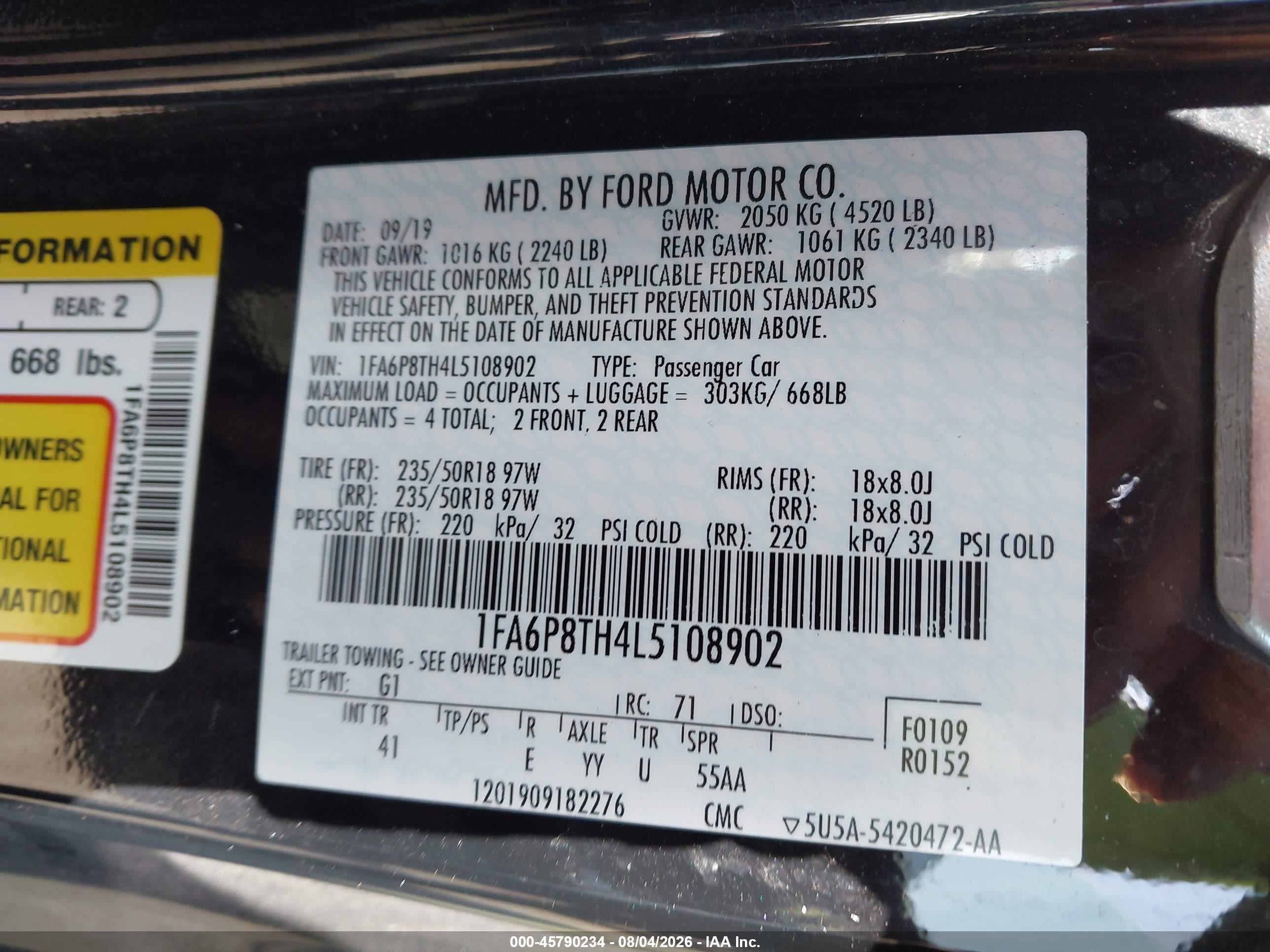 2020 Ford Mustang Ecoboost Premium Fastback Black vin: 1FA6P8TH4L5108902