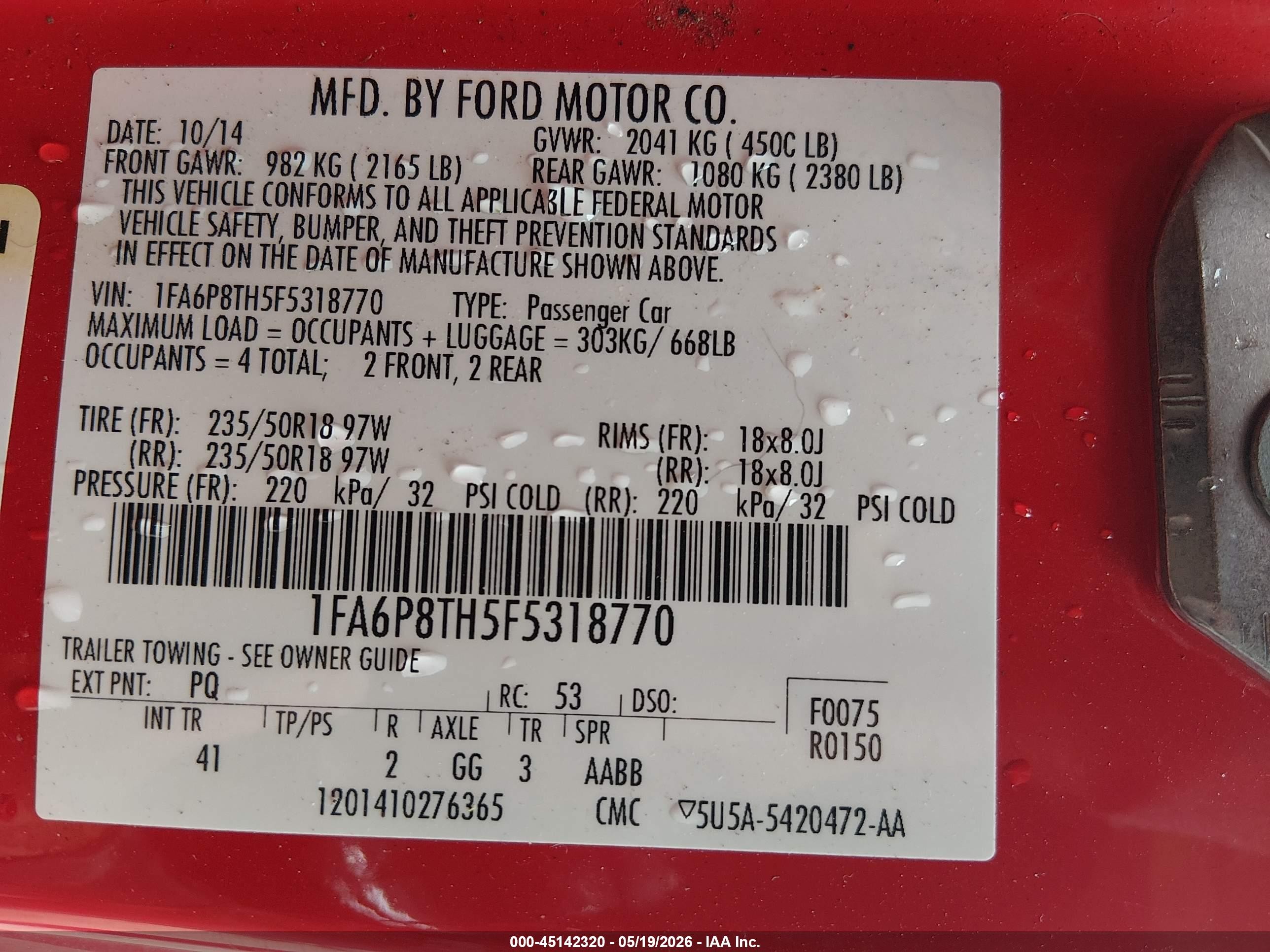 2015 Ford Mustang Ecoboost Red vin: 1FA6P8TH5F5318770