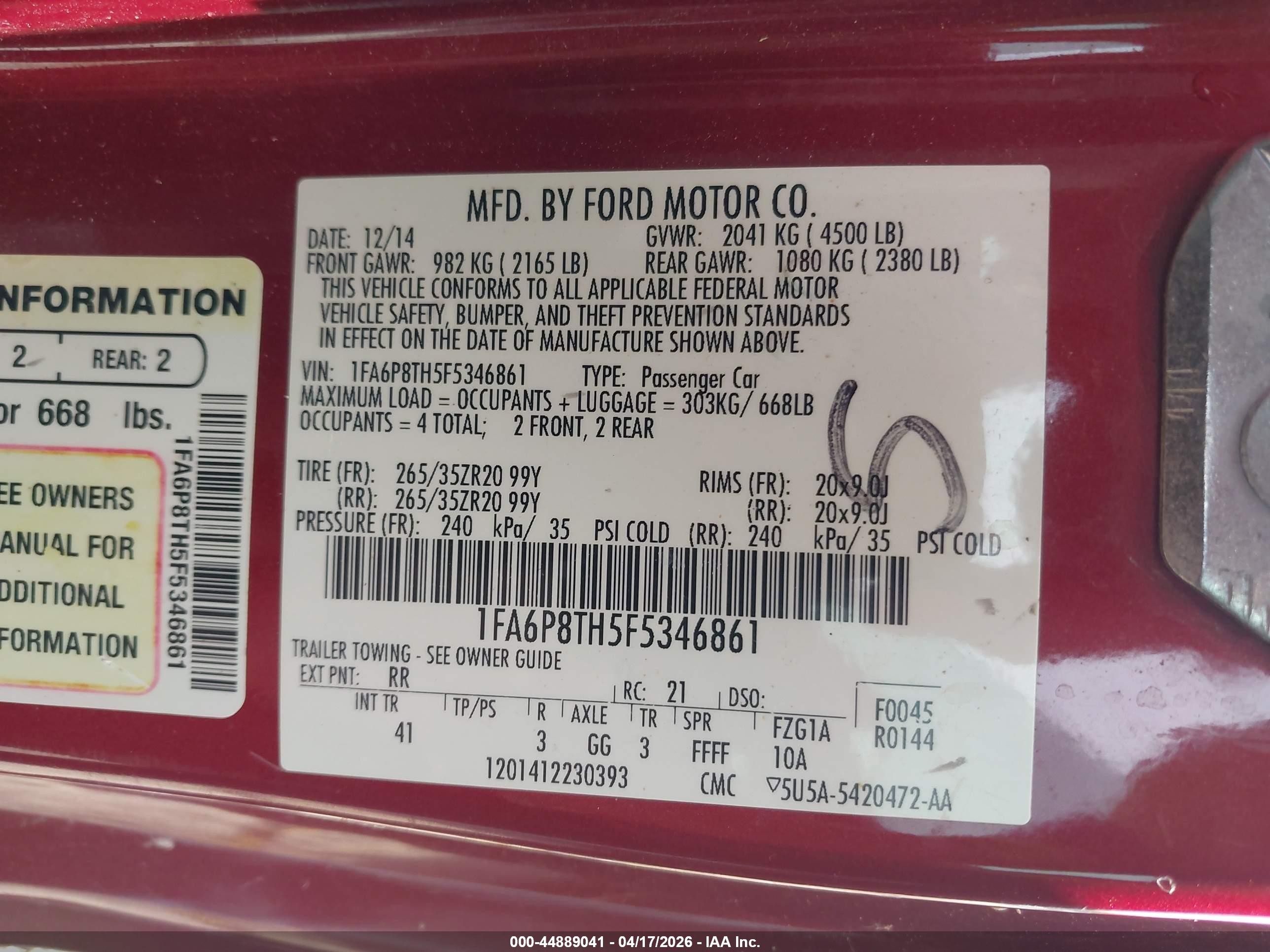 2015 Ford Mustang Ecoboost Red vin: 1FA6P8TH5F5346861