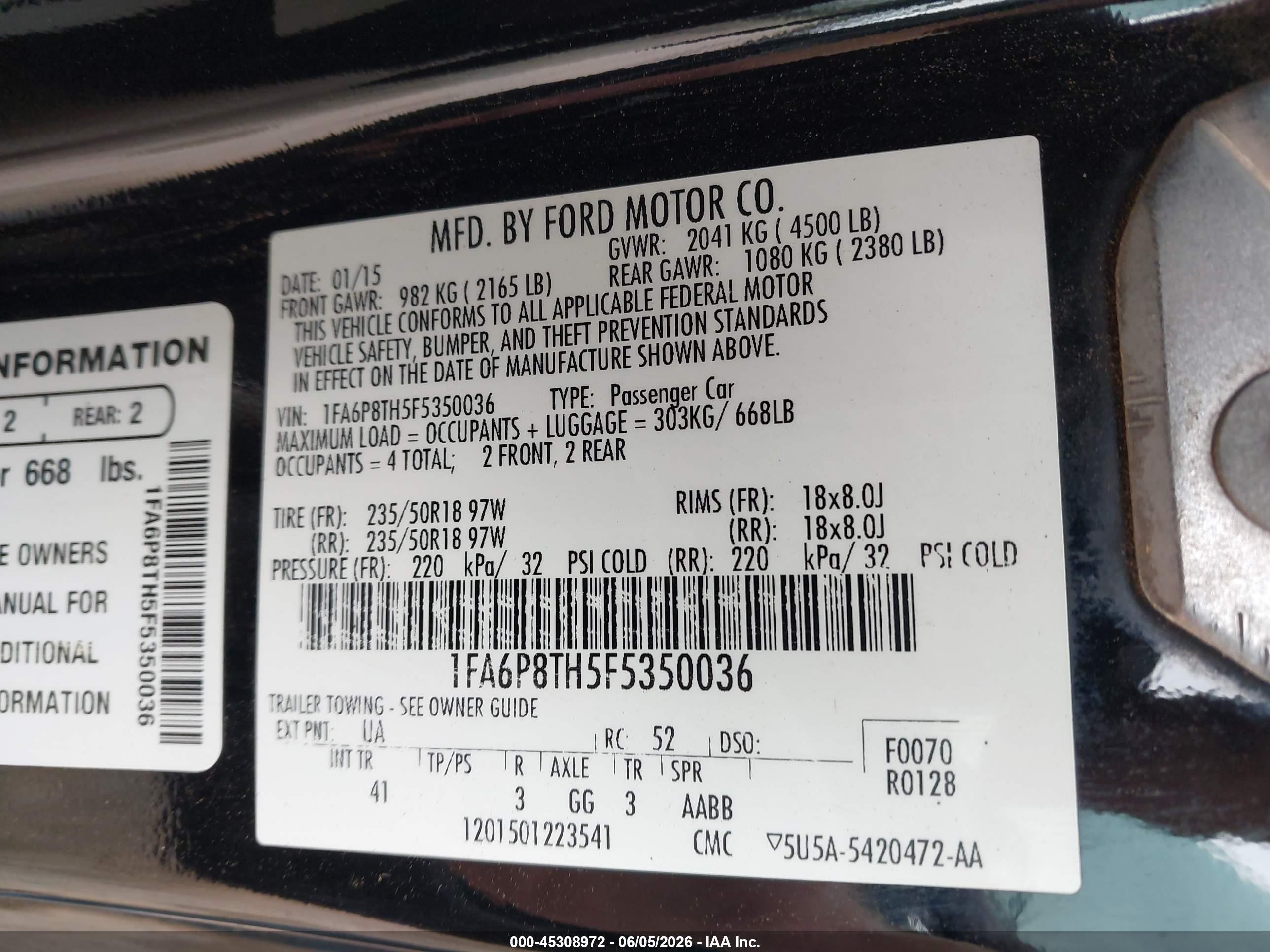 2015 Ford Mustang Ecoboost Black vin: 1FA6P8TH5F5350036
