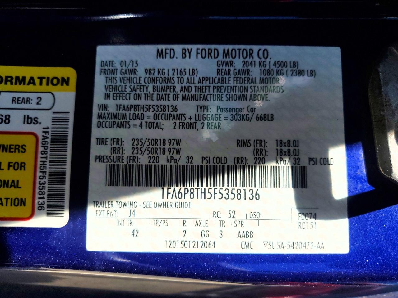 2015 Ford Mustang Синий vin: 1FA6P8TH5F5358136