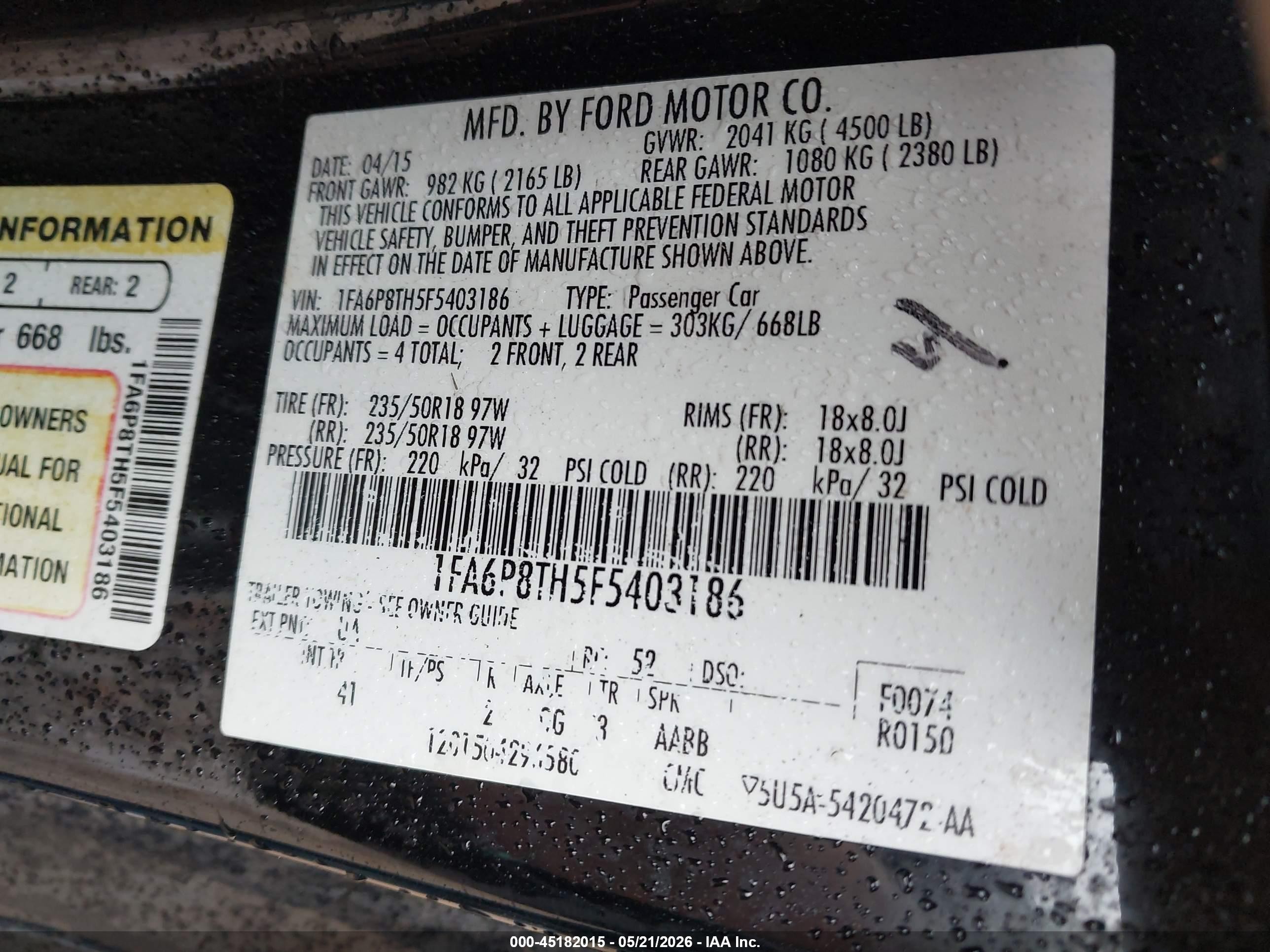 2015 Ford Mustang Ecoboost Black vin: 1FA6P8TH5F5403186