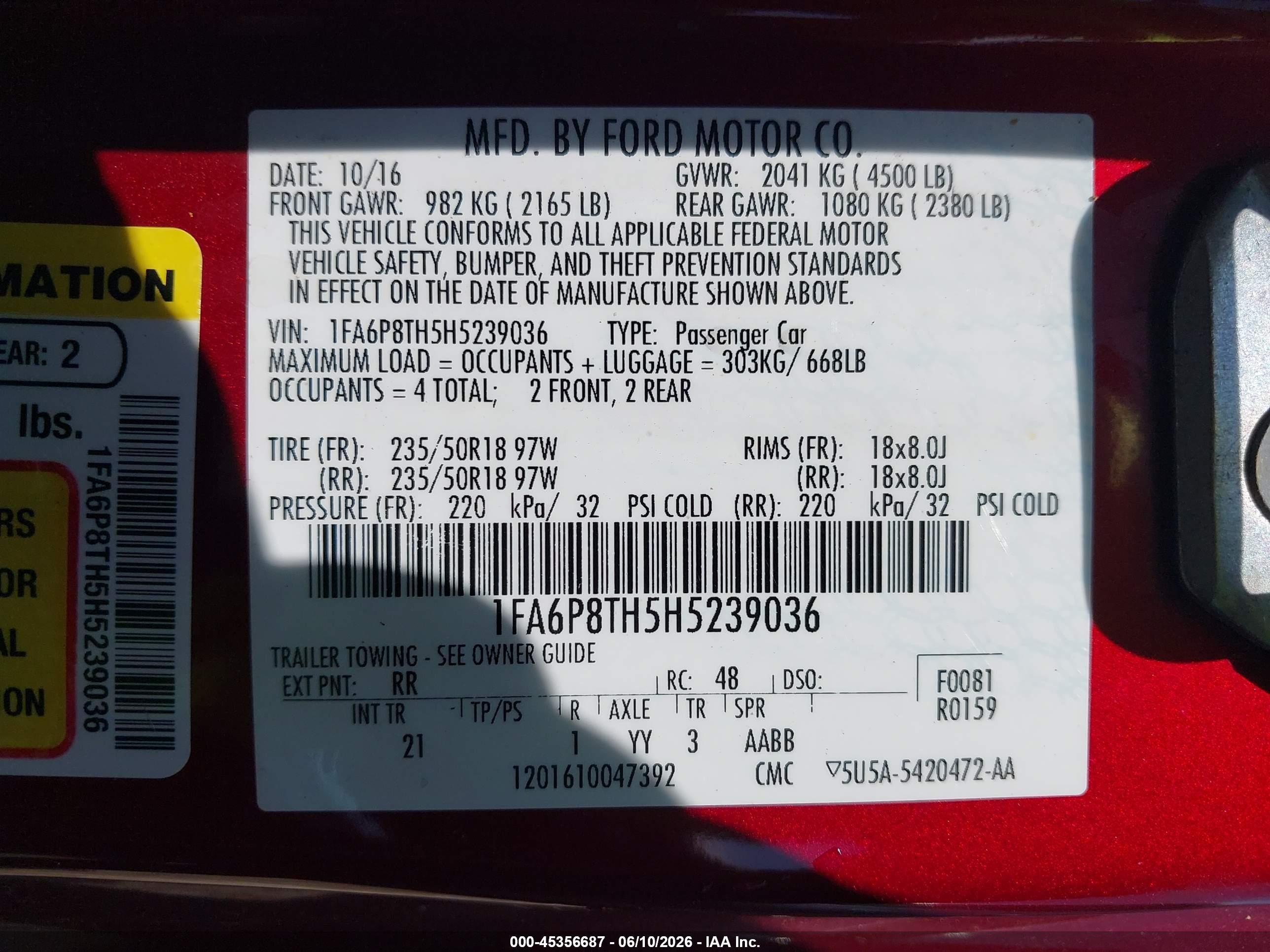 2017 Ford Mustang Ecoboost Red vin: 1FA6P8TH5H5239036