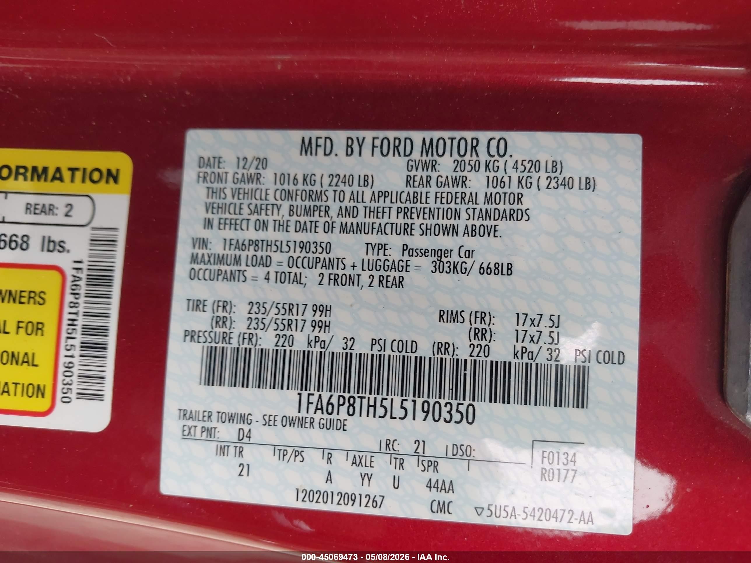 2020 Ford Mustang Ecoboost Fastback Red vin: 1FA6P8TH5L5190350