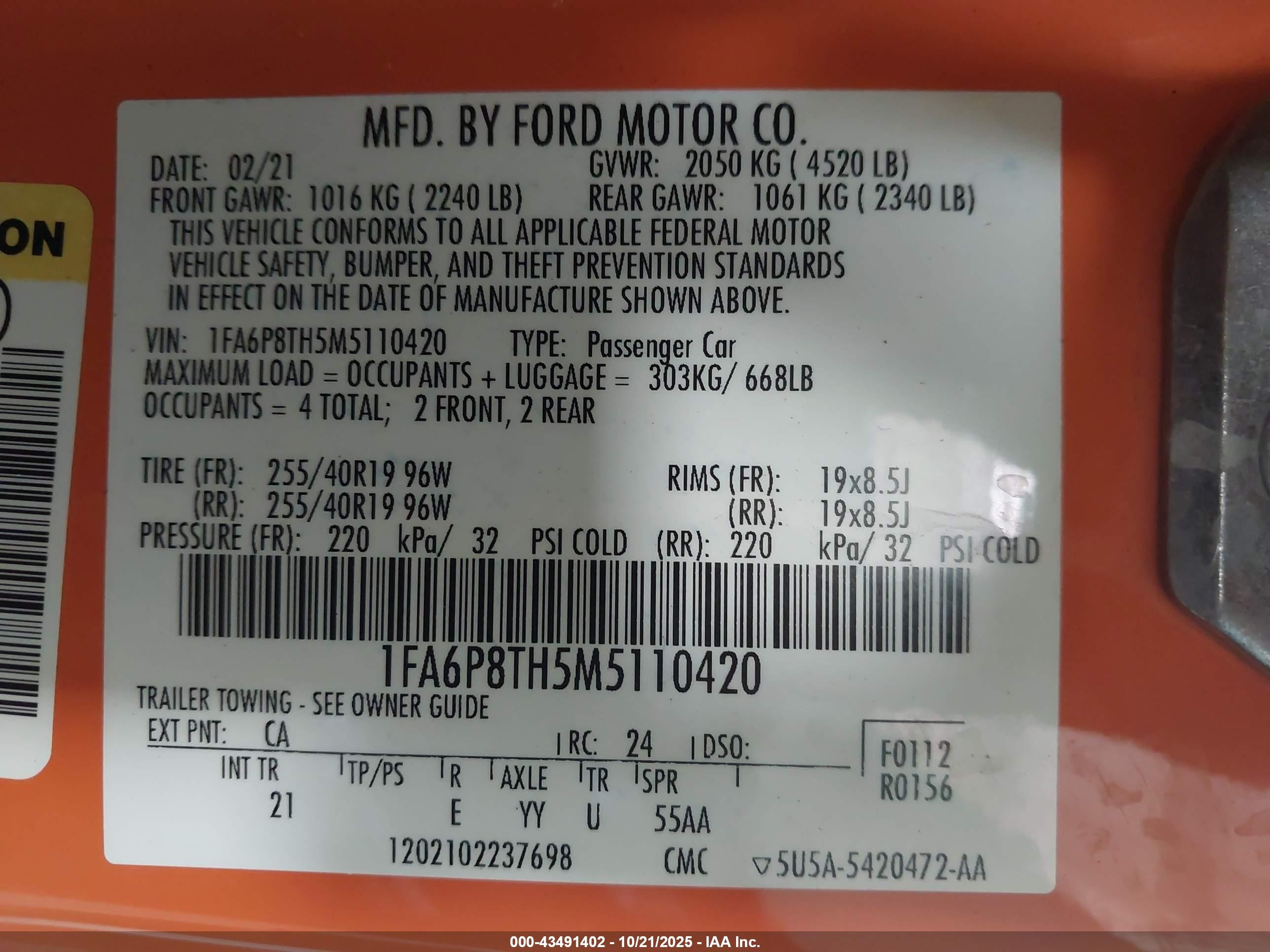 2021 Ford Mustang Ecoboost Fastback Orange vin: 1FA6P8TH5M5110420