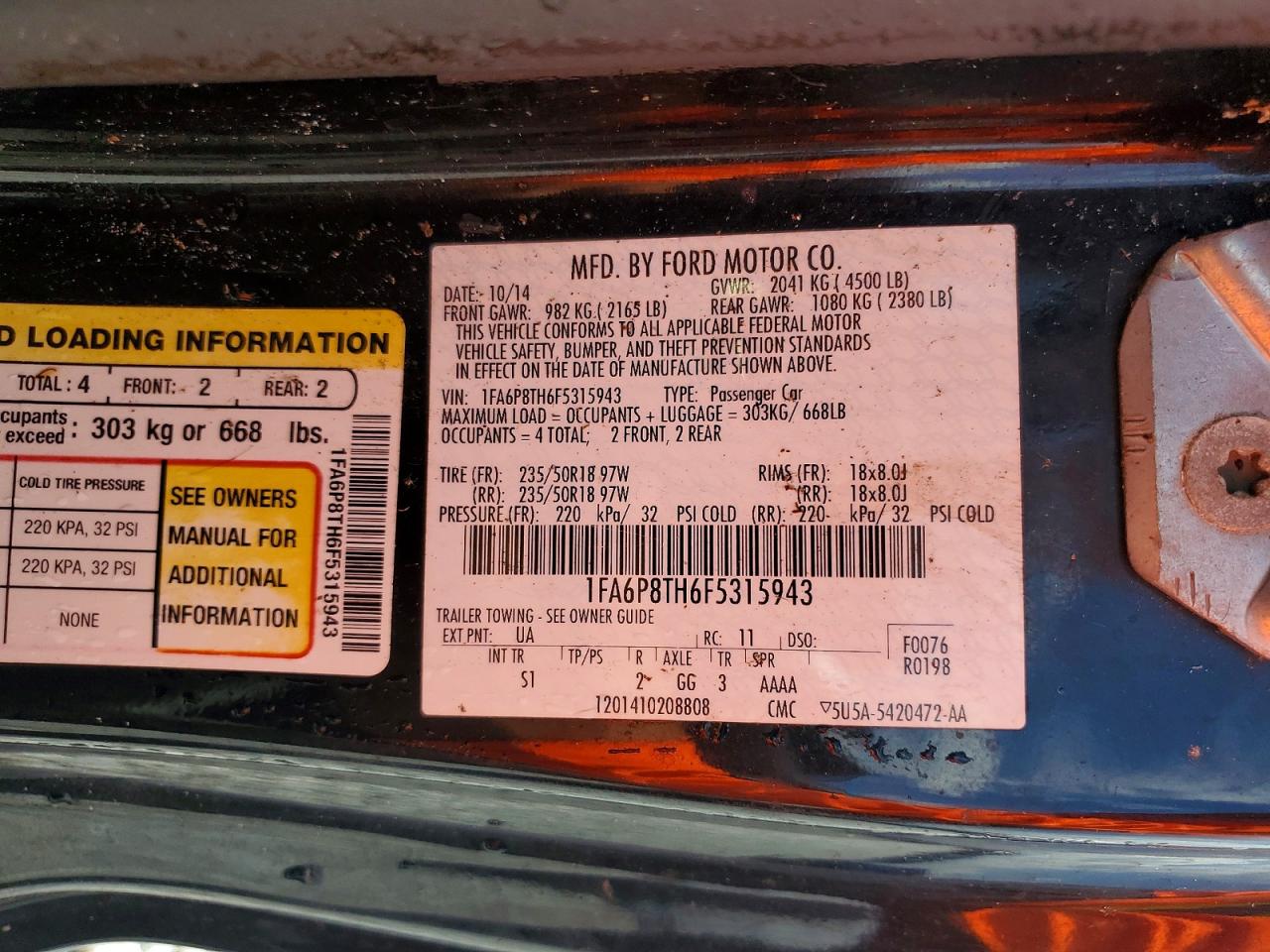 2015 Ford Mustang Black vin: 1FA6P8TH6F5315943