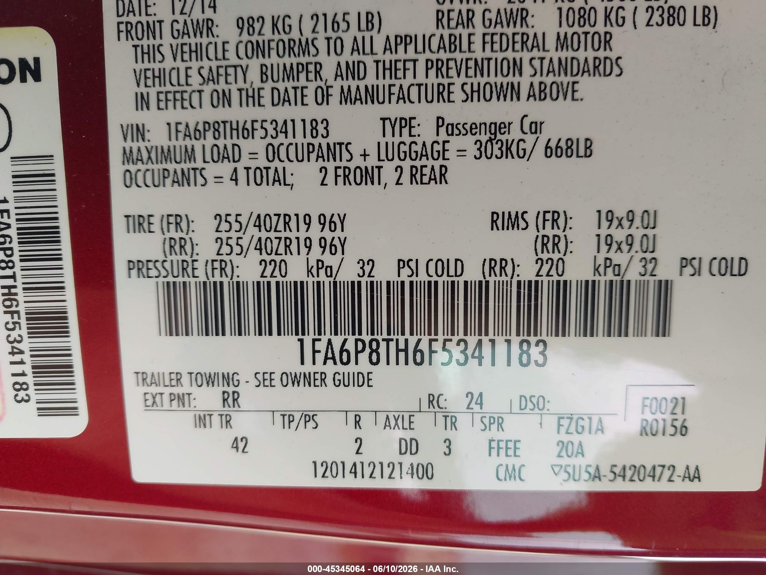 2015 Ford Mustang Ecoboost Red vin: 1FA6P8TH6F5341183
