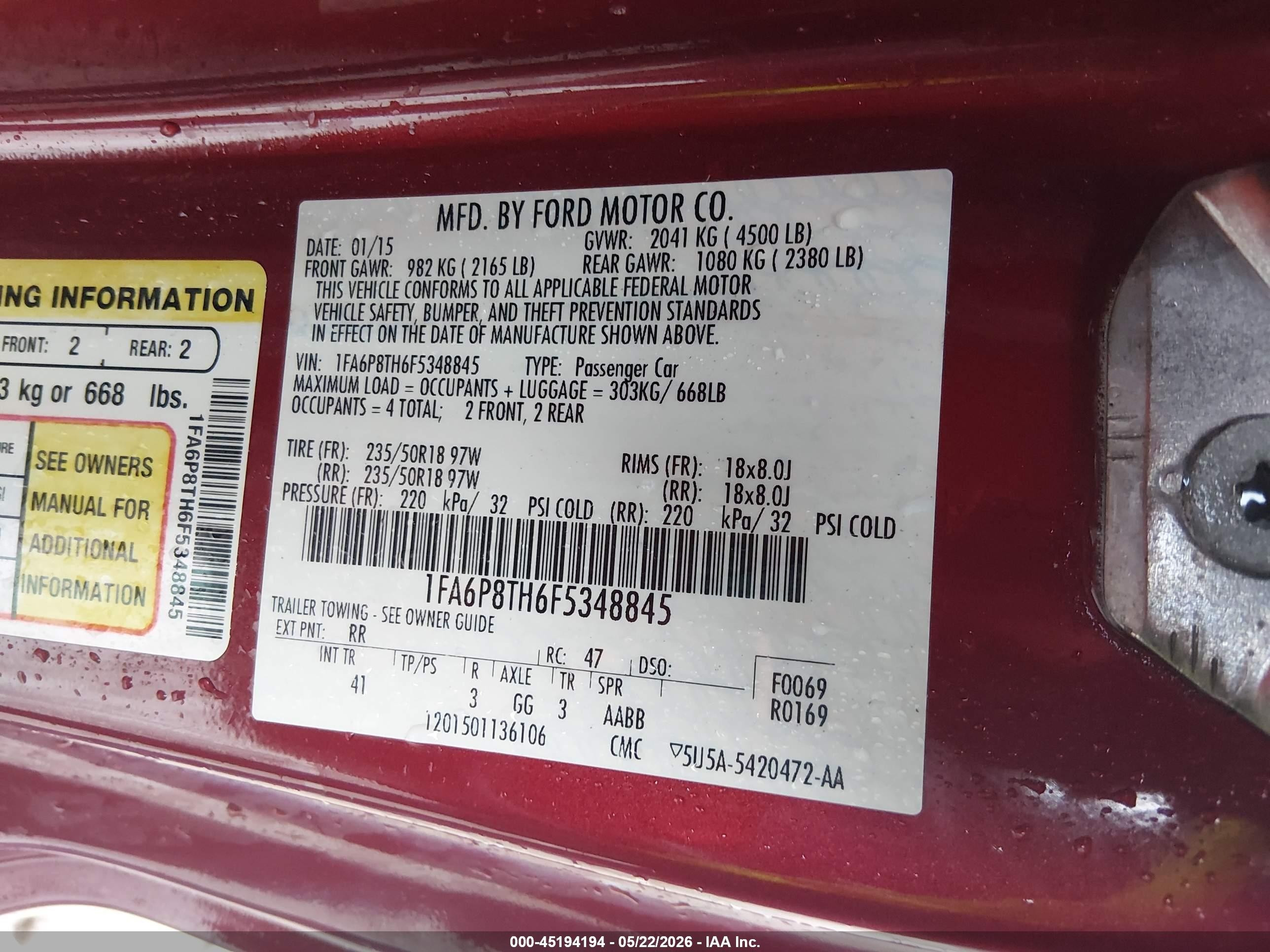 2015 Ford Mustang Ecoboost Red vin: 1FA6P8TH6F5348845