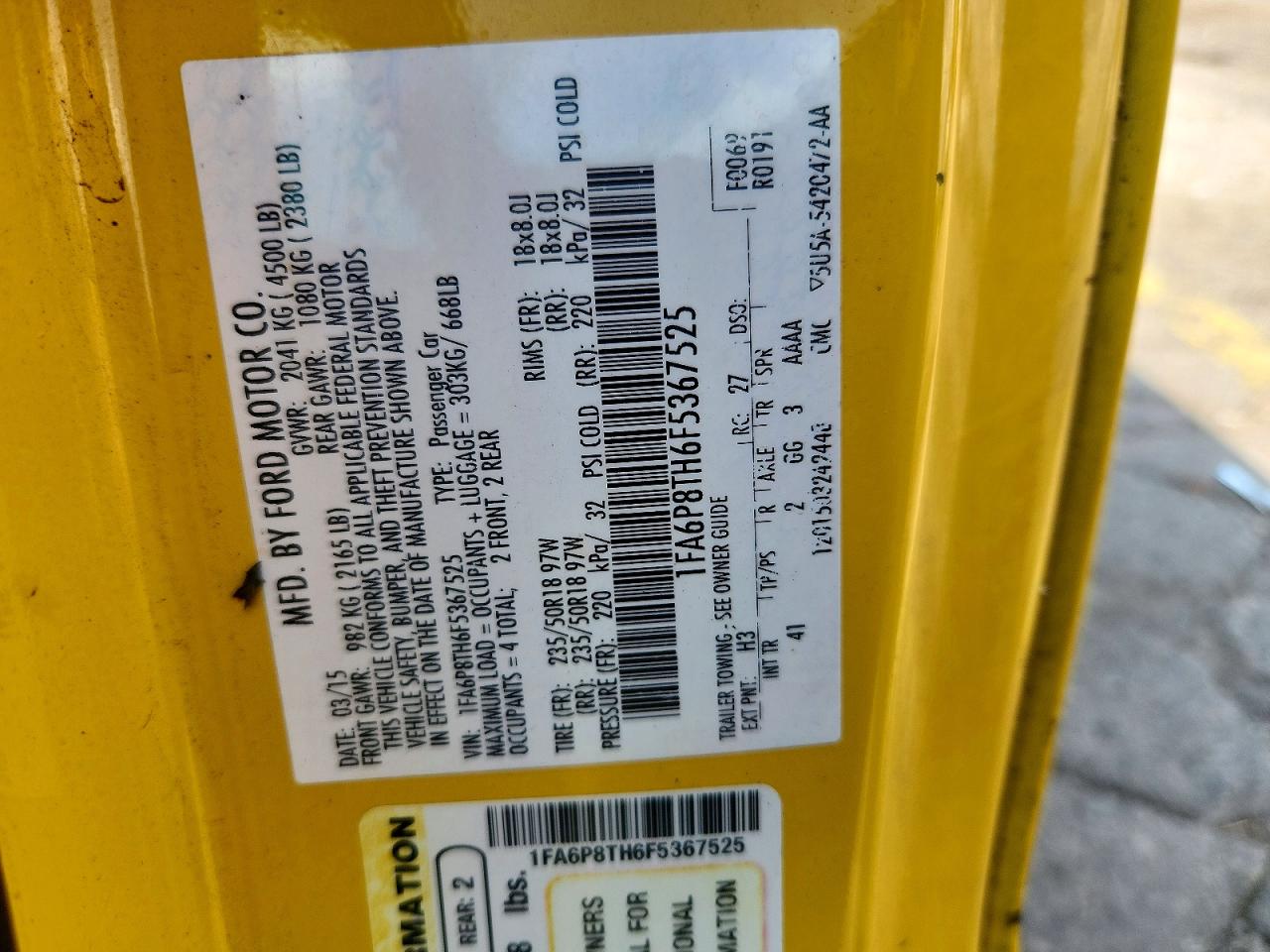 2015 Ford Mustang Yellow vin: 1FA6P8TH6F5367525