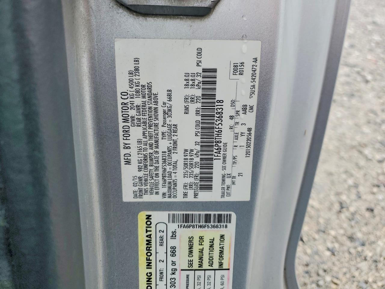 2015 Ford Mustang Silver vin: 1FA6P8TH6F5368318