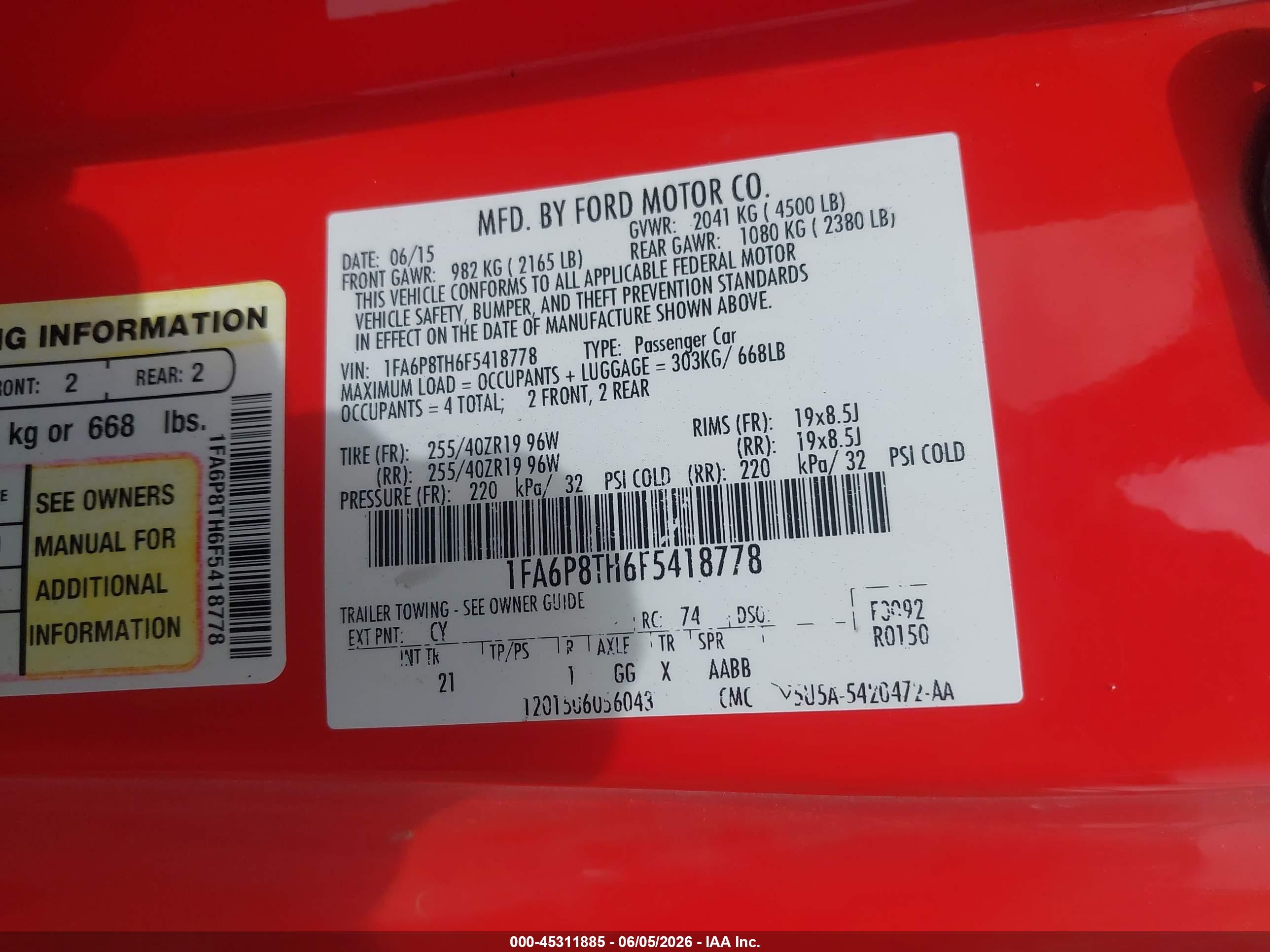 2015 Ford Mustang Ecoboost Orange vin: 1FA6P8TH6F5418778