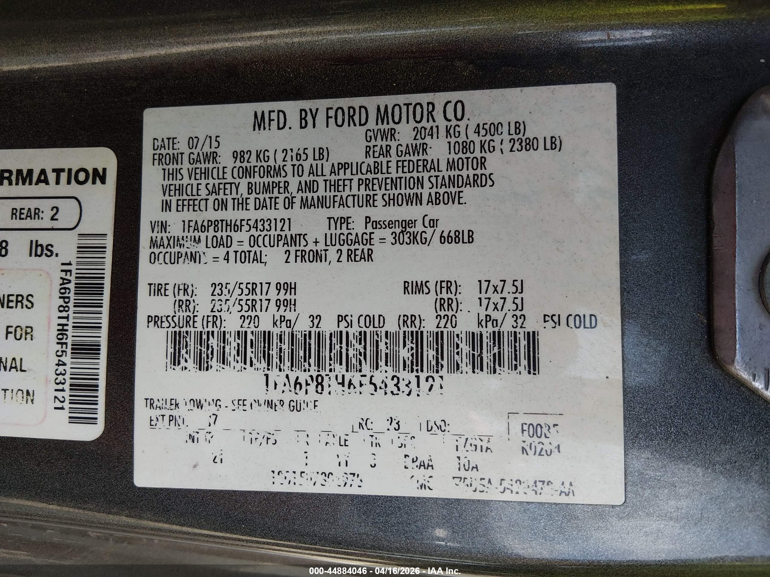 2015 Ford Mustang Ecoboost Black vin: 1FA6P8TH6F5433121