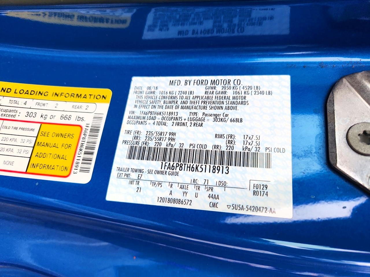 2019 Ford Mustang Blue vin: 1FA6P8TH6K5118913