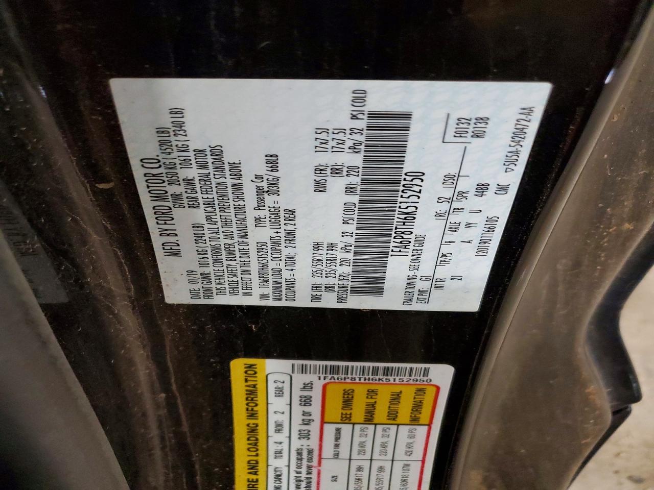 2019 Ford Mustang Black vin: 1FA6P8TH6K5152950