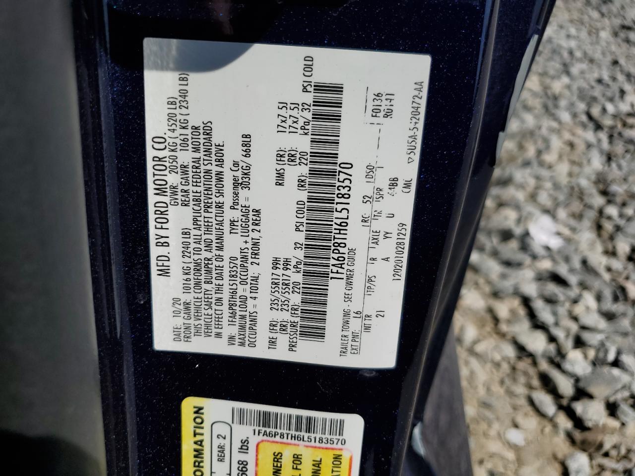 2020 Ford Mustang  Blue vin: 1FA6P8TH6L5183570