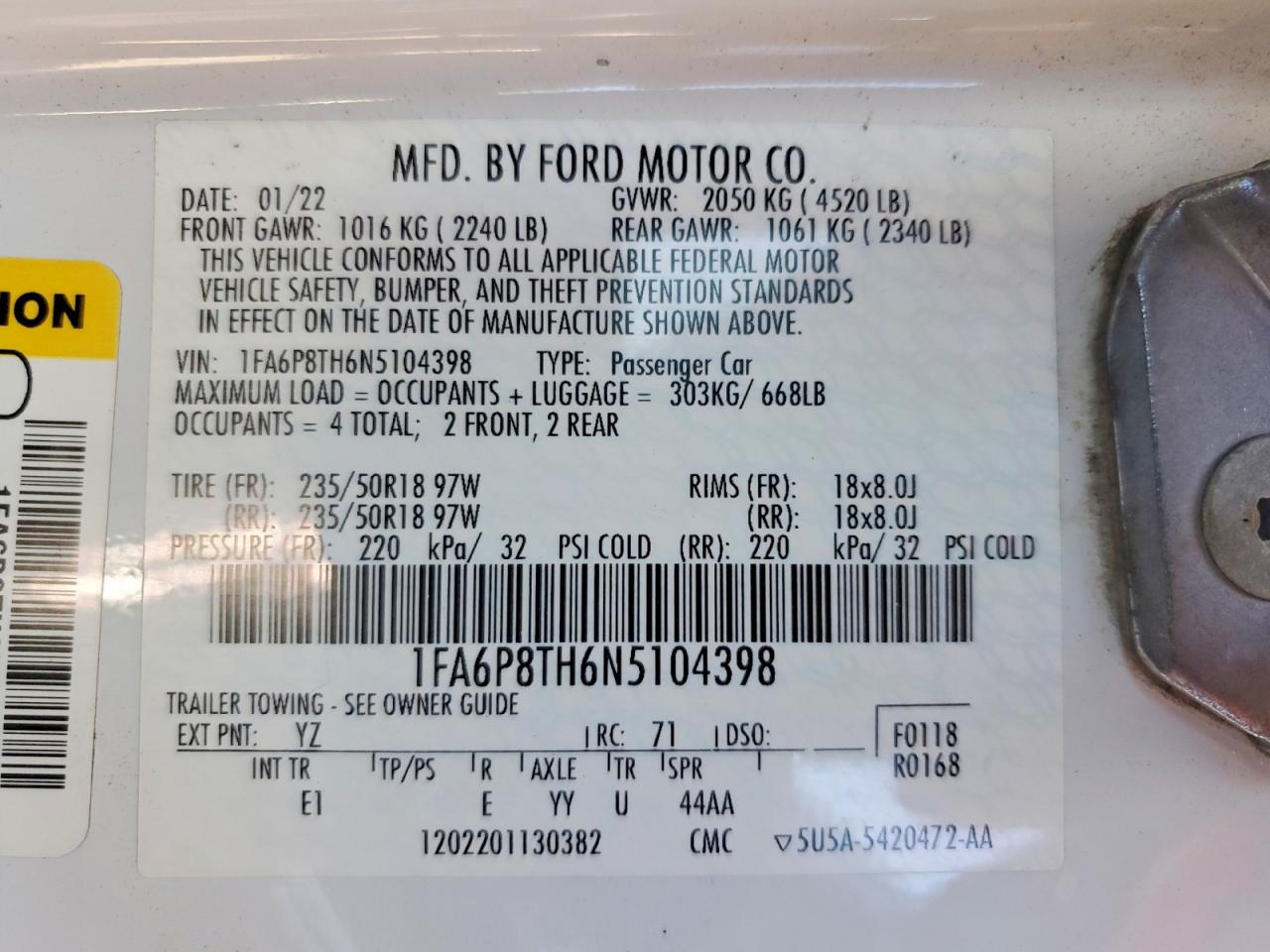 2022 Ford Mustang Белый vin: 1FA6P8TH6N5104398