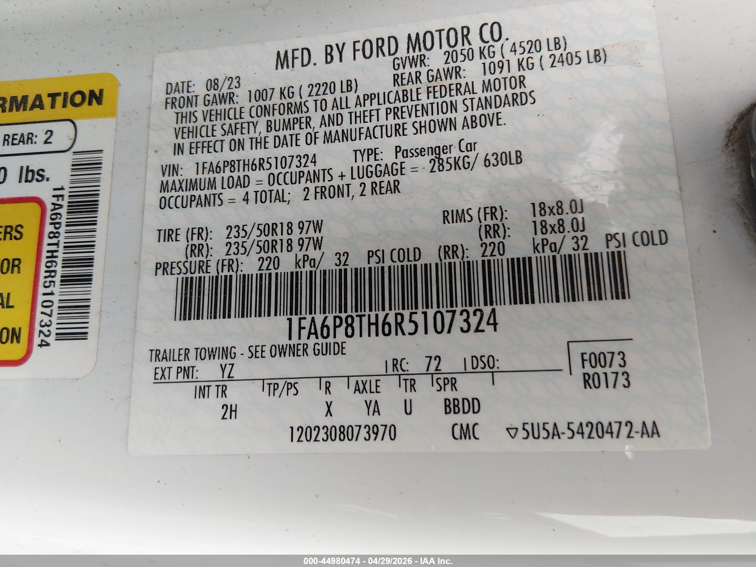 2024 Ford Mustang Ecoboost Fastback White vin: 1FA6P8TH6R5107324