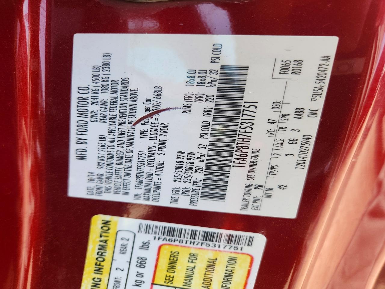 2015 Ford Mustang Red vin: 1FA6P8TH7F5317751