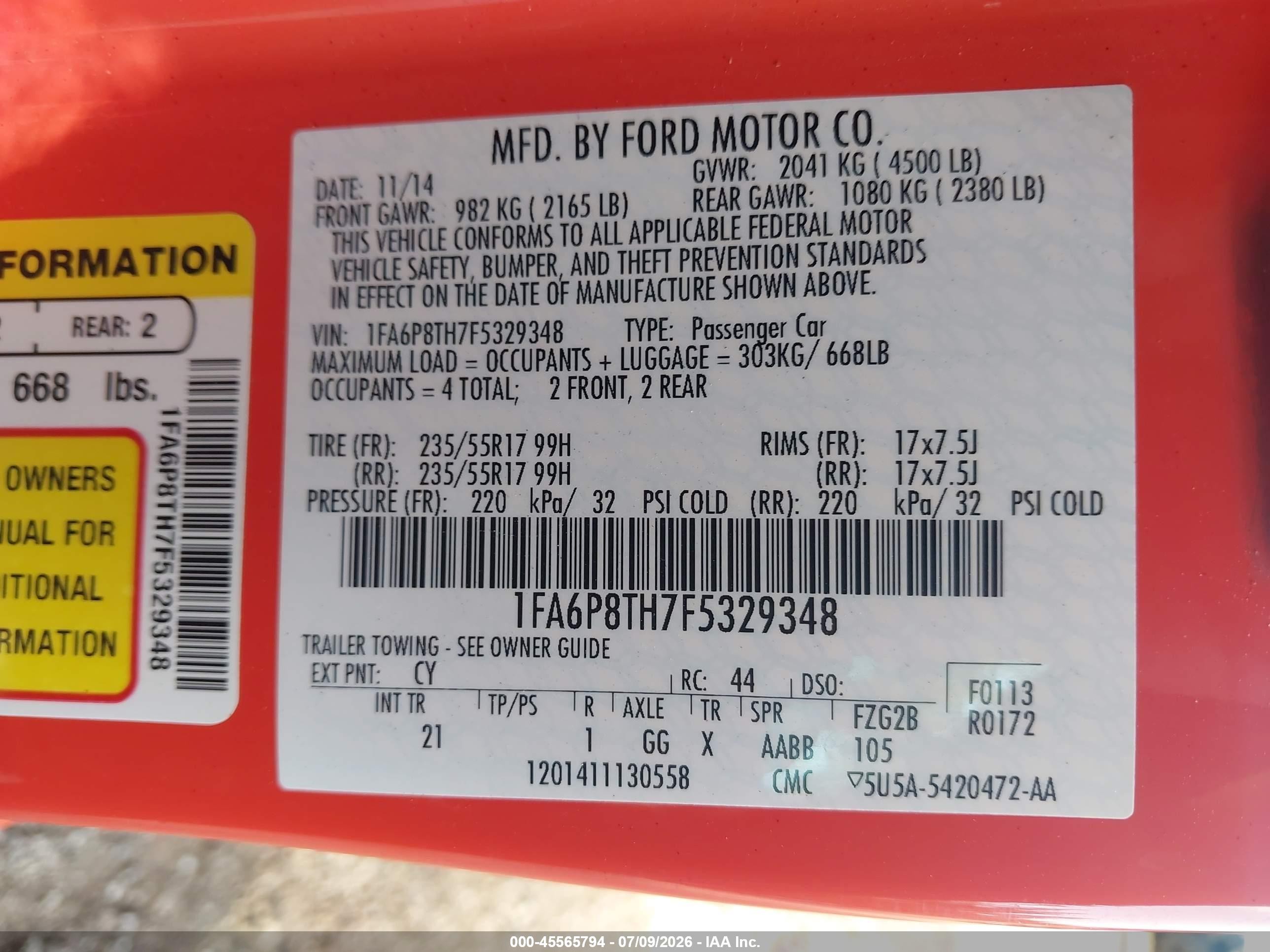 2015 Ford Mustang Ecoboost Orange vin: 1FA6P8TH7F5329348