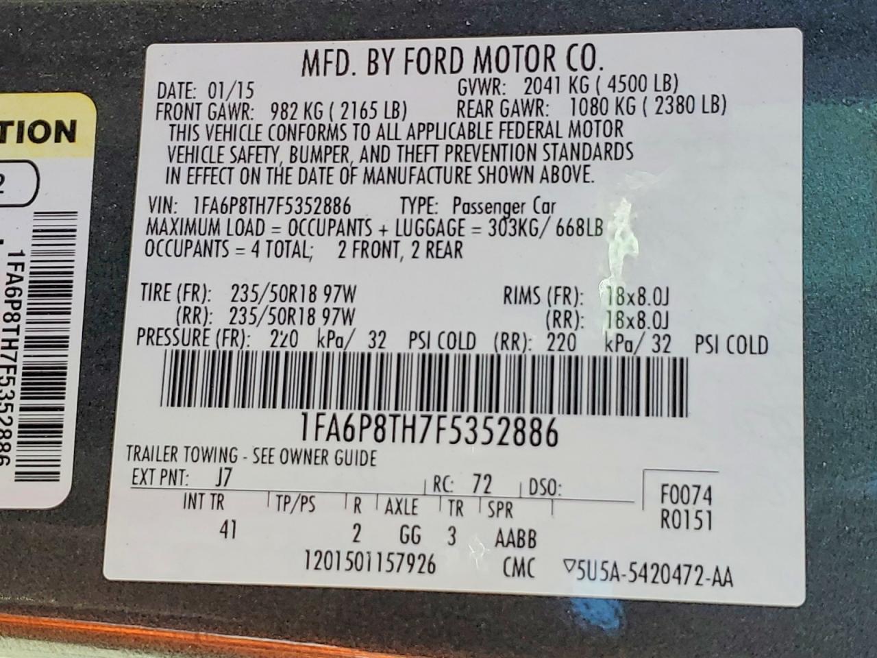 2015 Ford Mustang Charcoal vin: 1FA6P8TH7F5352886