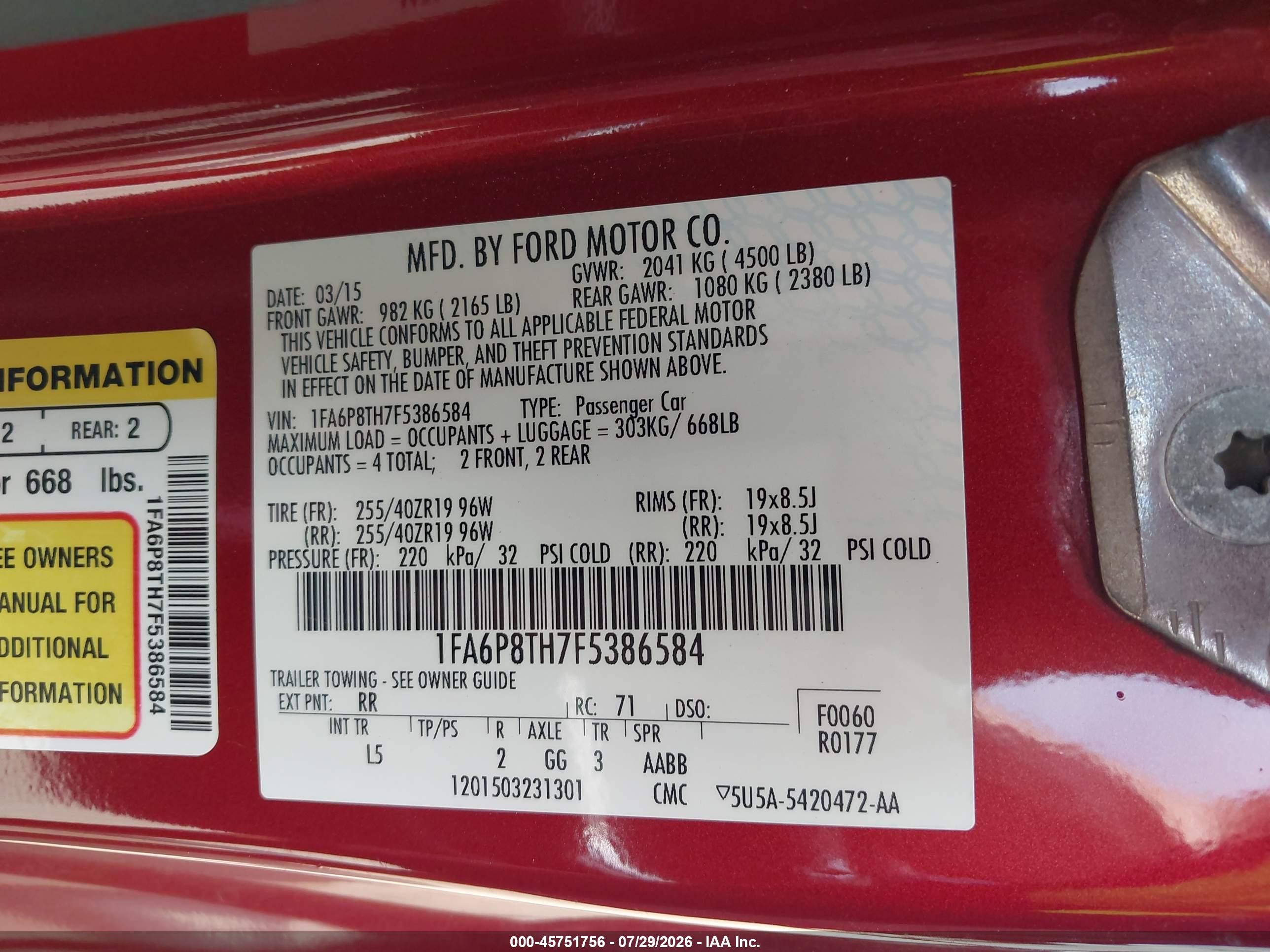 2015 Ford Mustang Ecoboost Red vin: 1FA6P8TH7F5386584