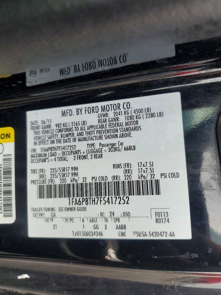 2015 Ford Mustang Black vin: 1FA6P8TH7F5417252