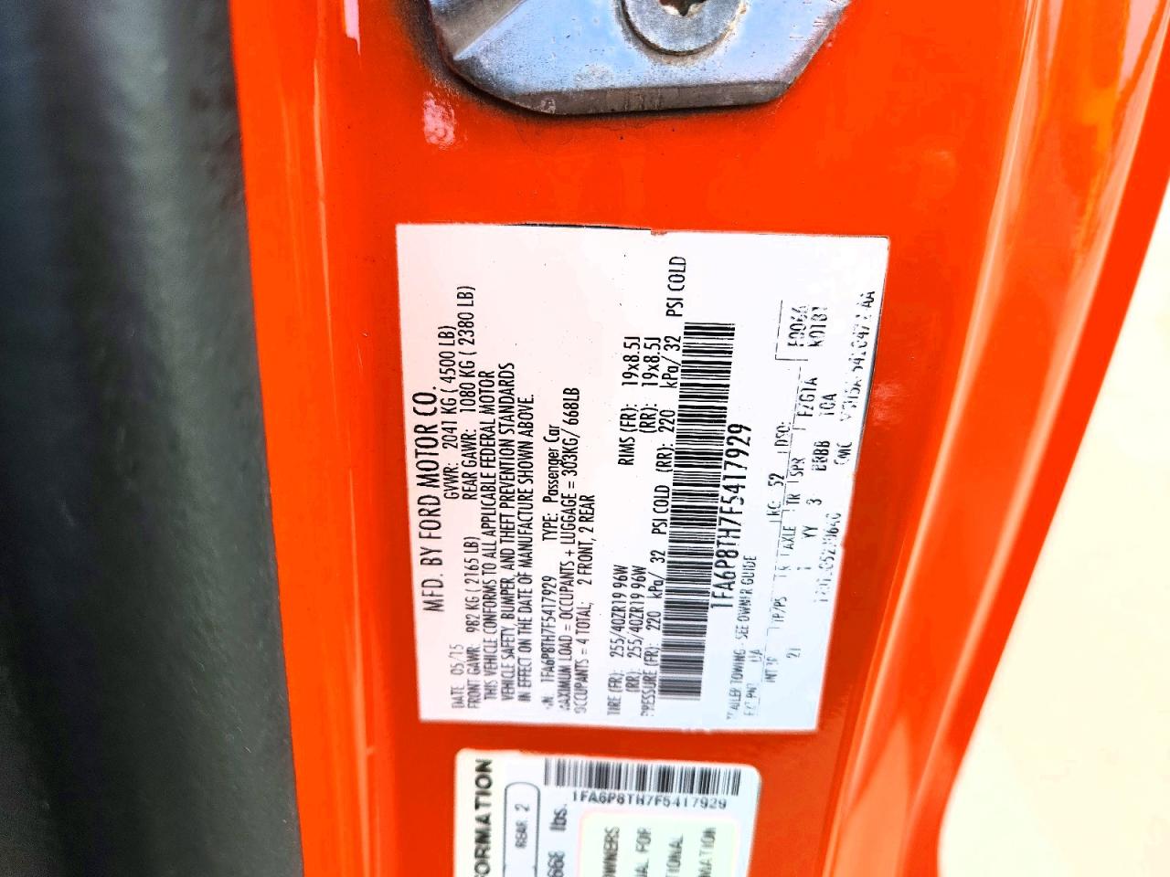 2015 Ford Mustang Orange vin: 1FA6P8TH7F5417929