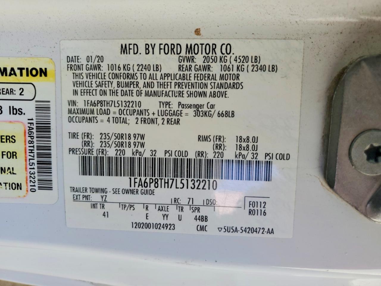 2020 Ford Mustang White vin: 1FA6P8TH7L5132210