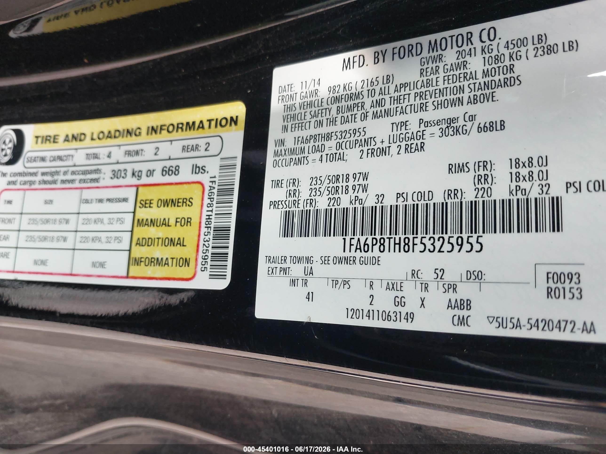 2015 Ford Mustang Ecoboost Black vin: 1FA6P8TH8F5325955