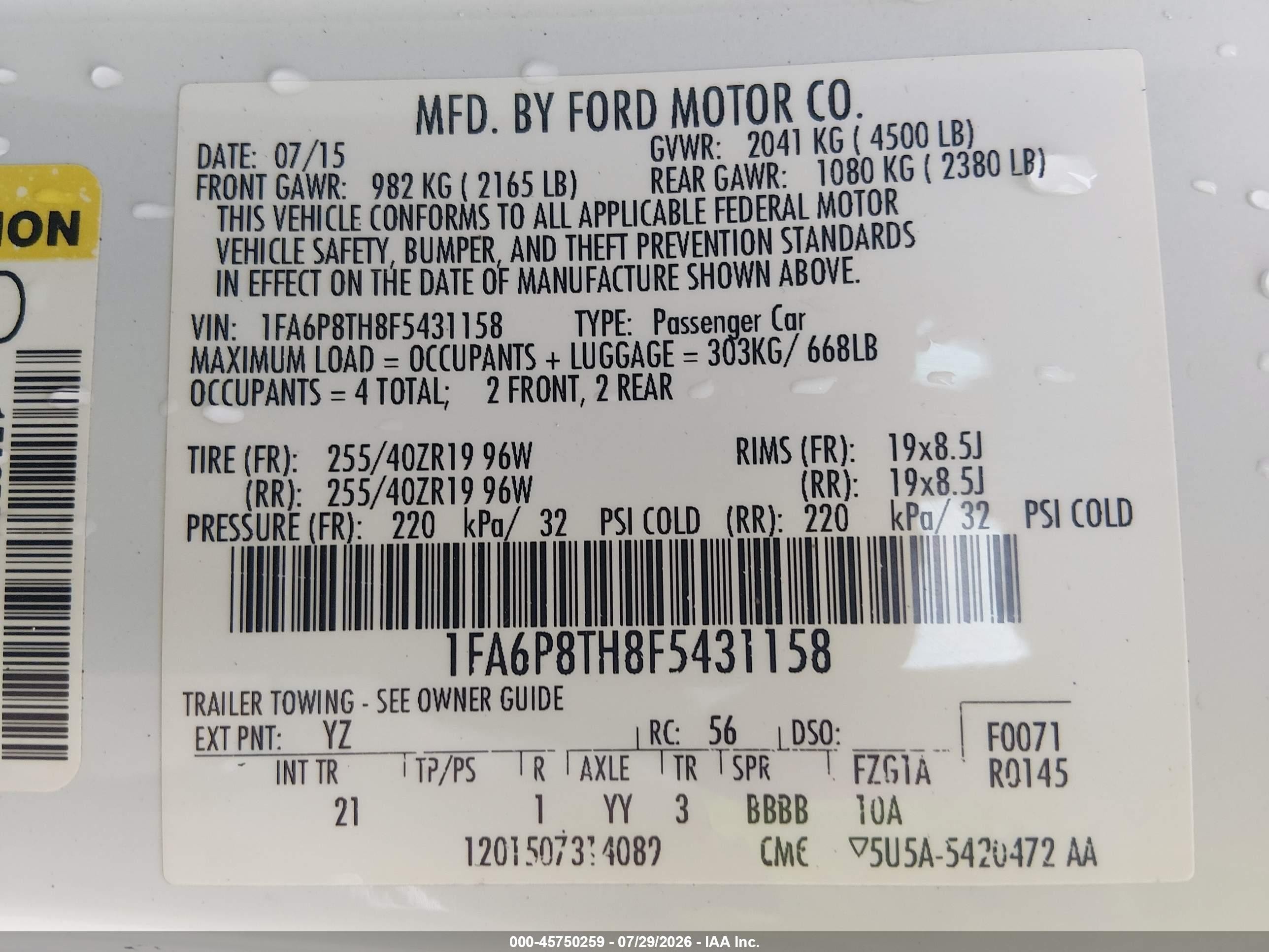 2015 Ford Mustang Ecoboost White vin: 1FA6P8TH8F5431158