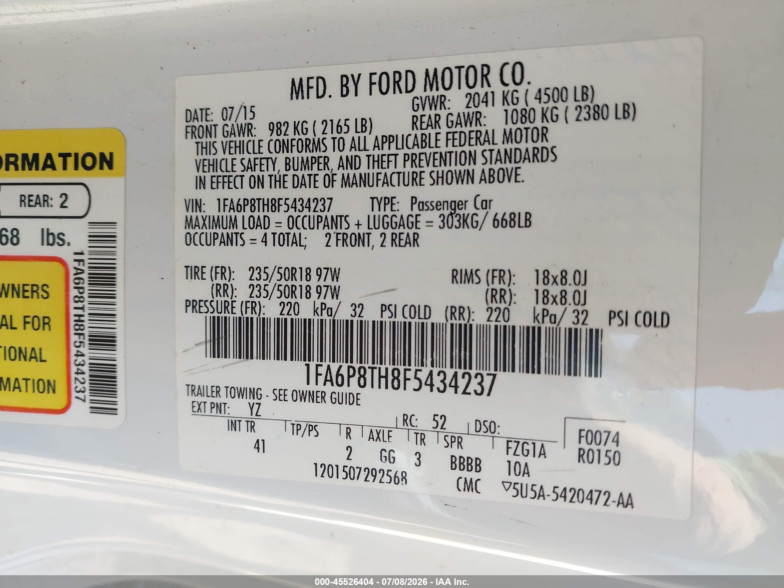 2015 Ford Mustang Ecoboost White vin: 1FA6P8TH8F5434237