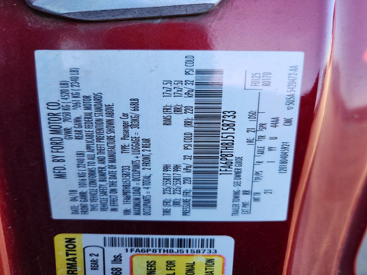 2018 Ford Mustang Red vin: 1FA6P8TH8J5158733