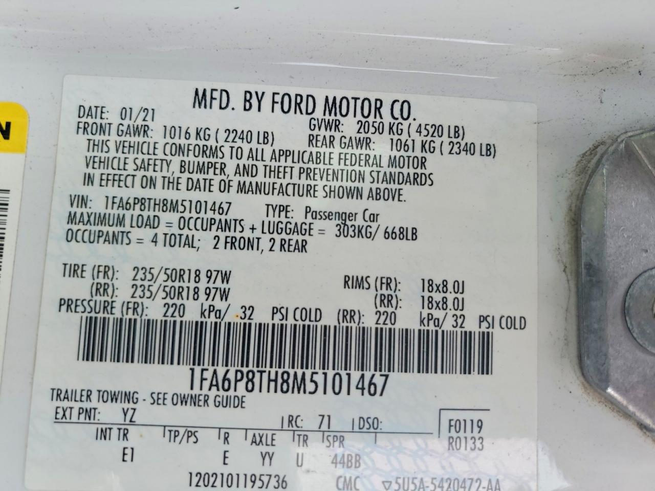 2021 Ford Mustang White vin: 1FA6P8TH8M5101467