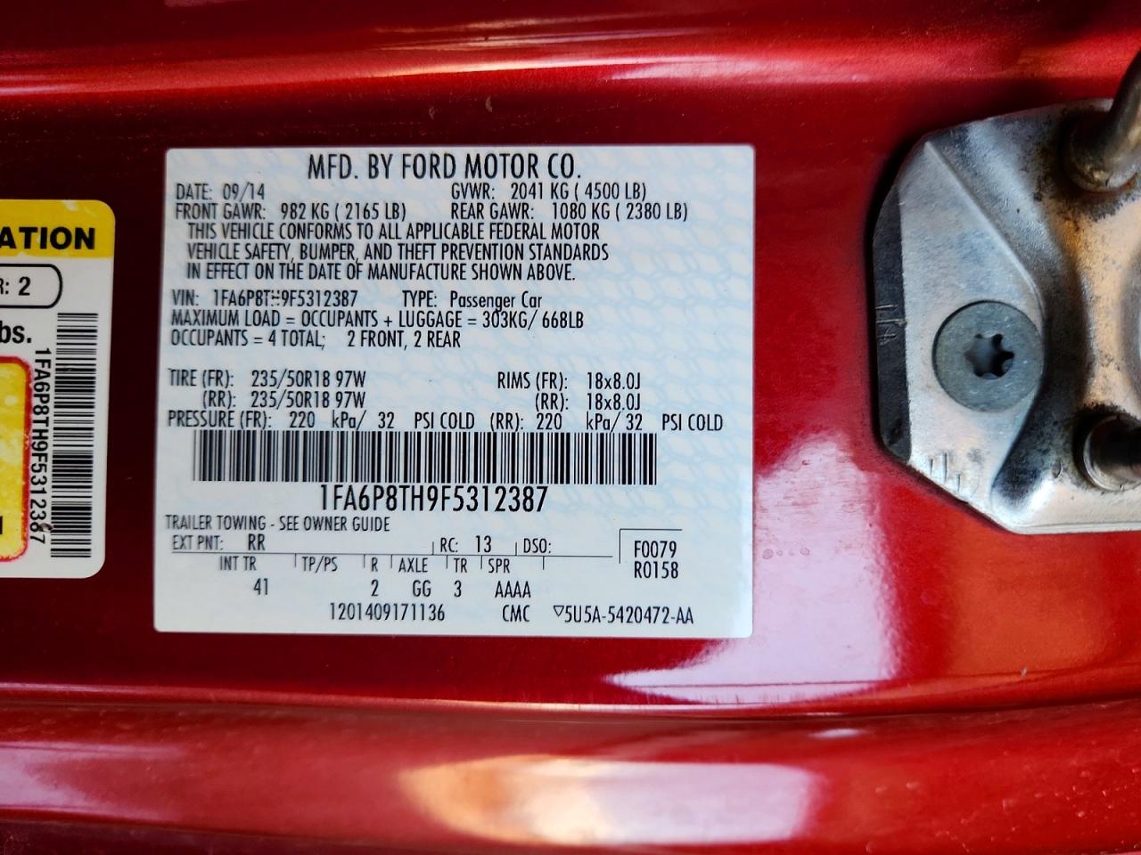 2015 Ford Mustang Red vin: 1FA6P8TH9F5312387