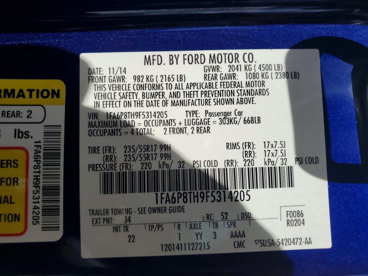 2015 Ford Mustang Blue vin: 1FA6P8TH9F5314205