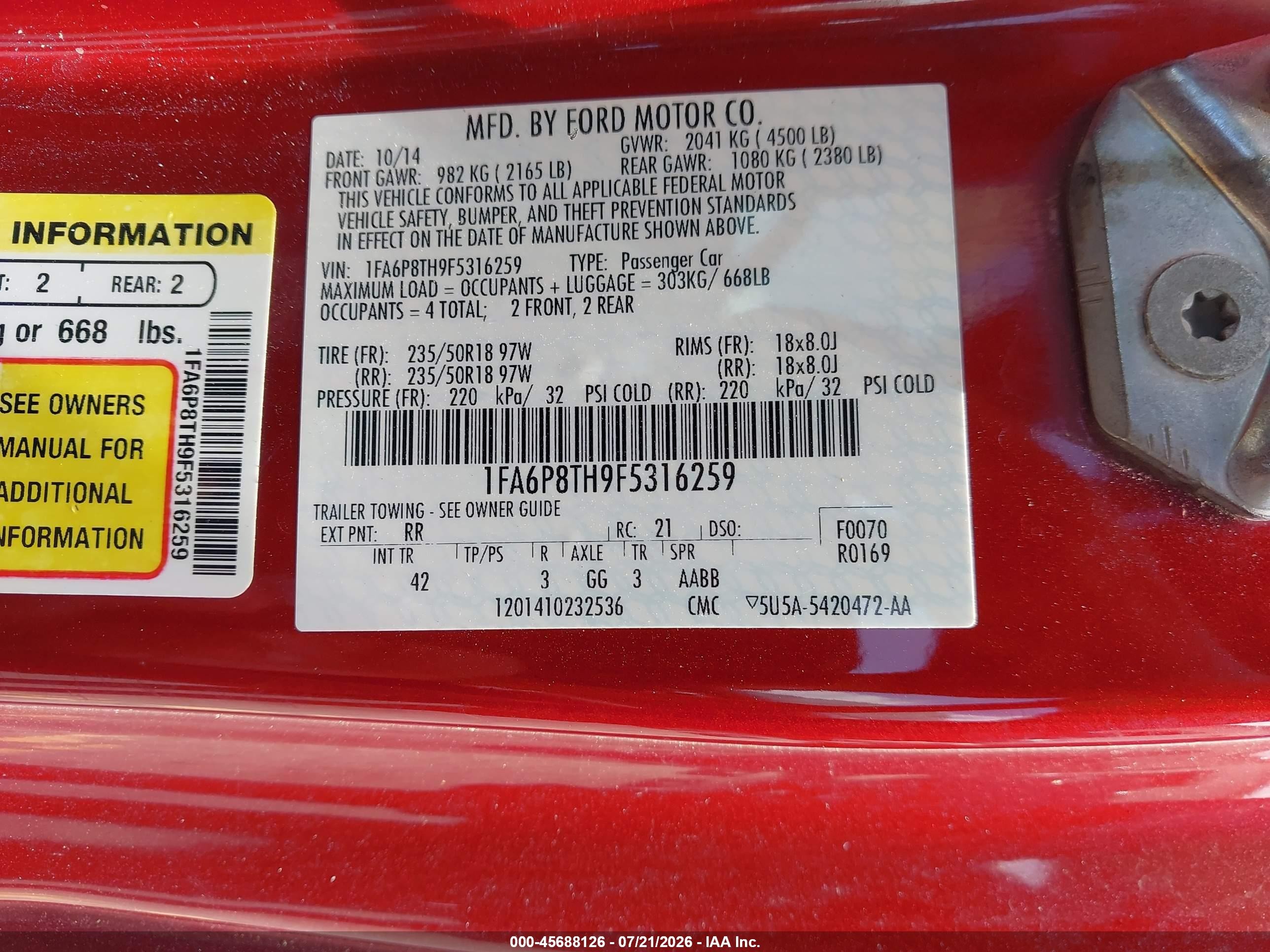 2015 Ford Mustang Ecoboost Red vin: 1FA6P8TH9F5316259