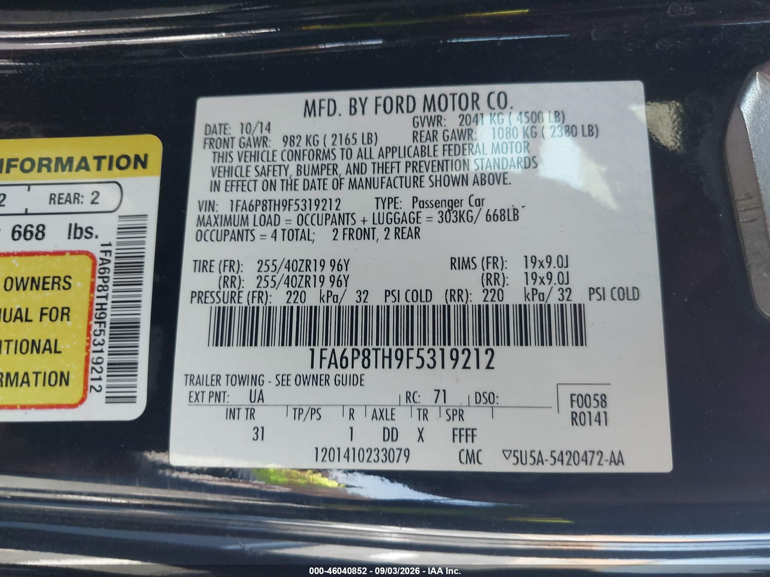 2015 Ford Mustang Ecoboost Black vin: 1FA6P8TH9F5319212