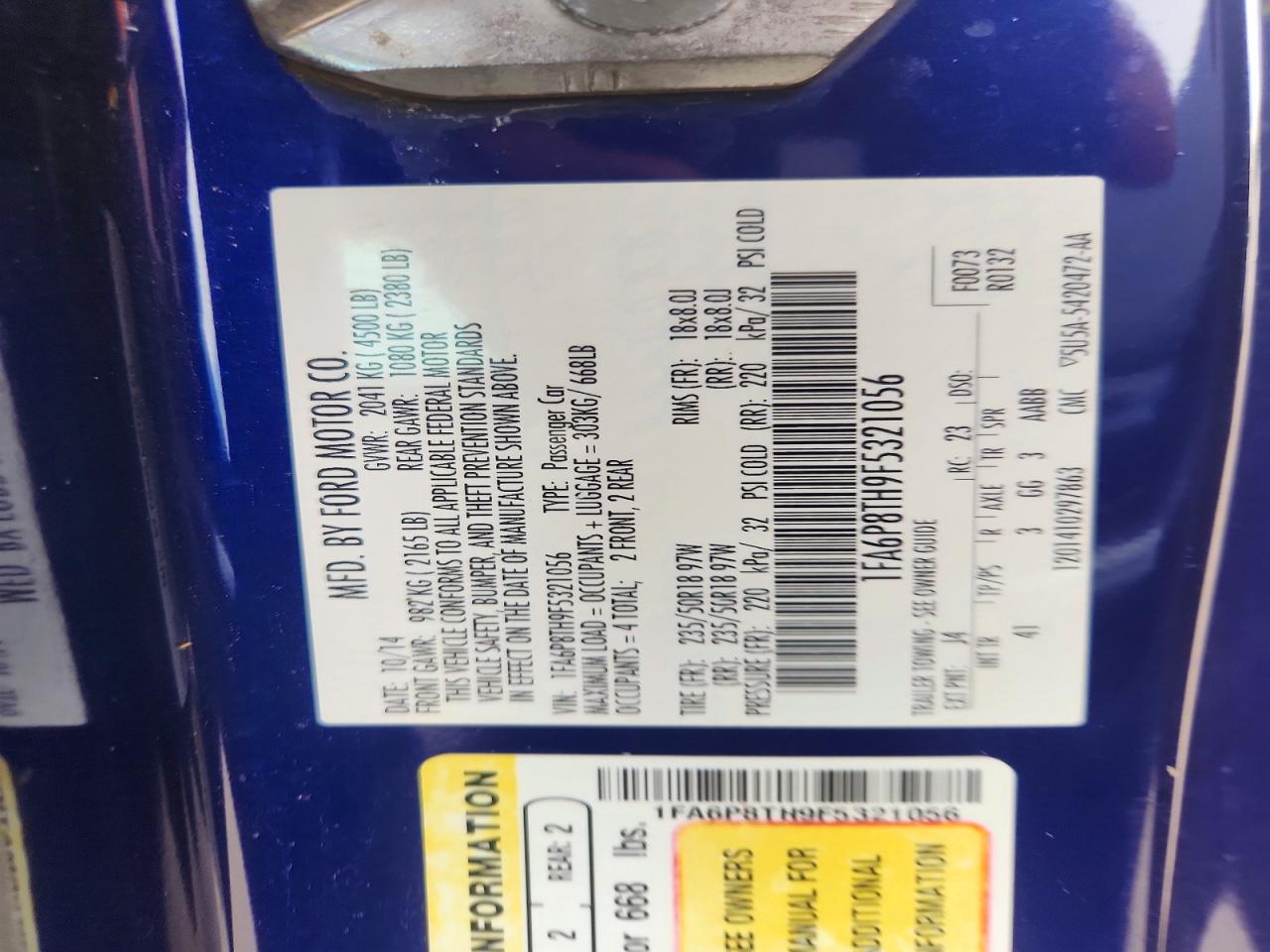 2015 Ford Mustang Blue vin: 1FA6P8TH9F5321056
