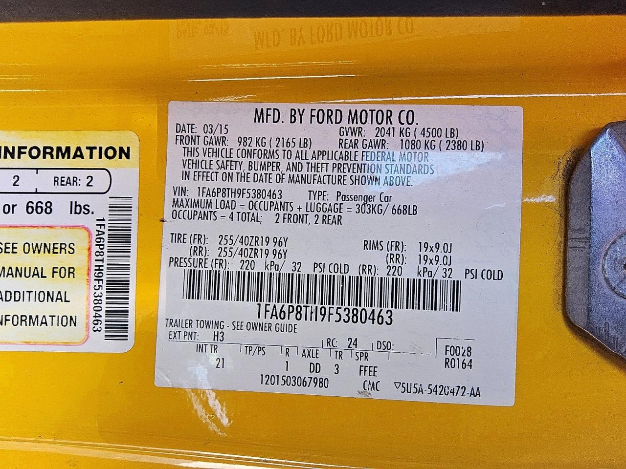 2015 Ford Mustang Yellow vin: 1FA6P8TH9F5380463