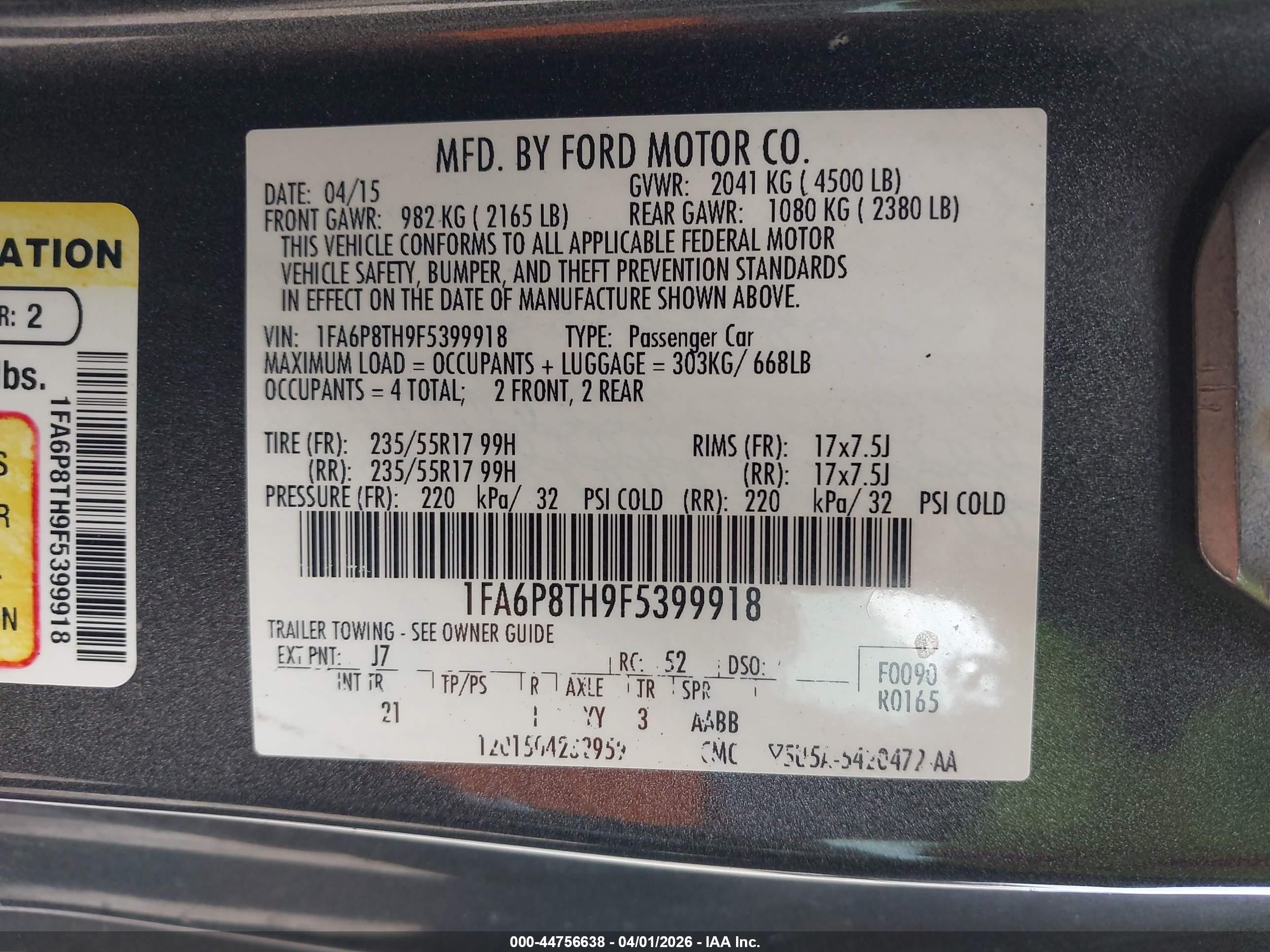 2015 Ford Mustang Ecoboost Gray vin: 1FA6P8TH9F5399918