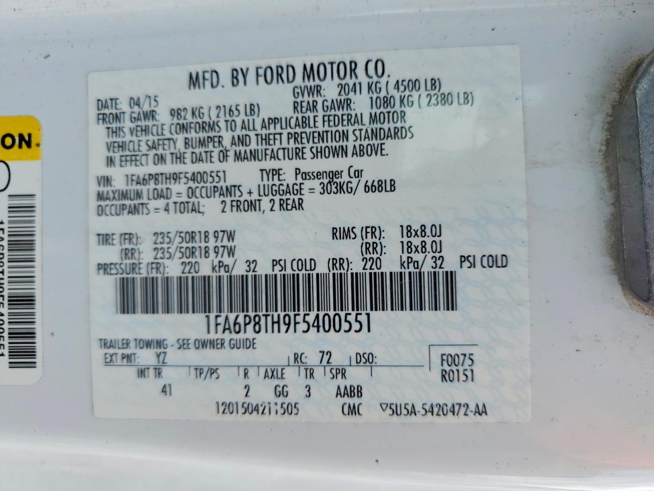 2015 Ford Mustang White vin: 1FA6P8TH9F5400551