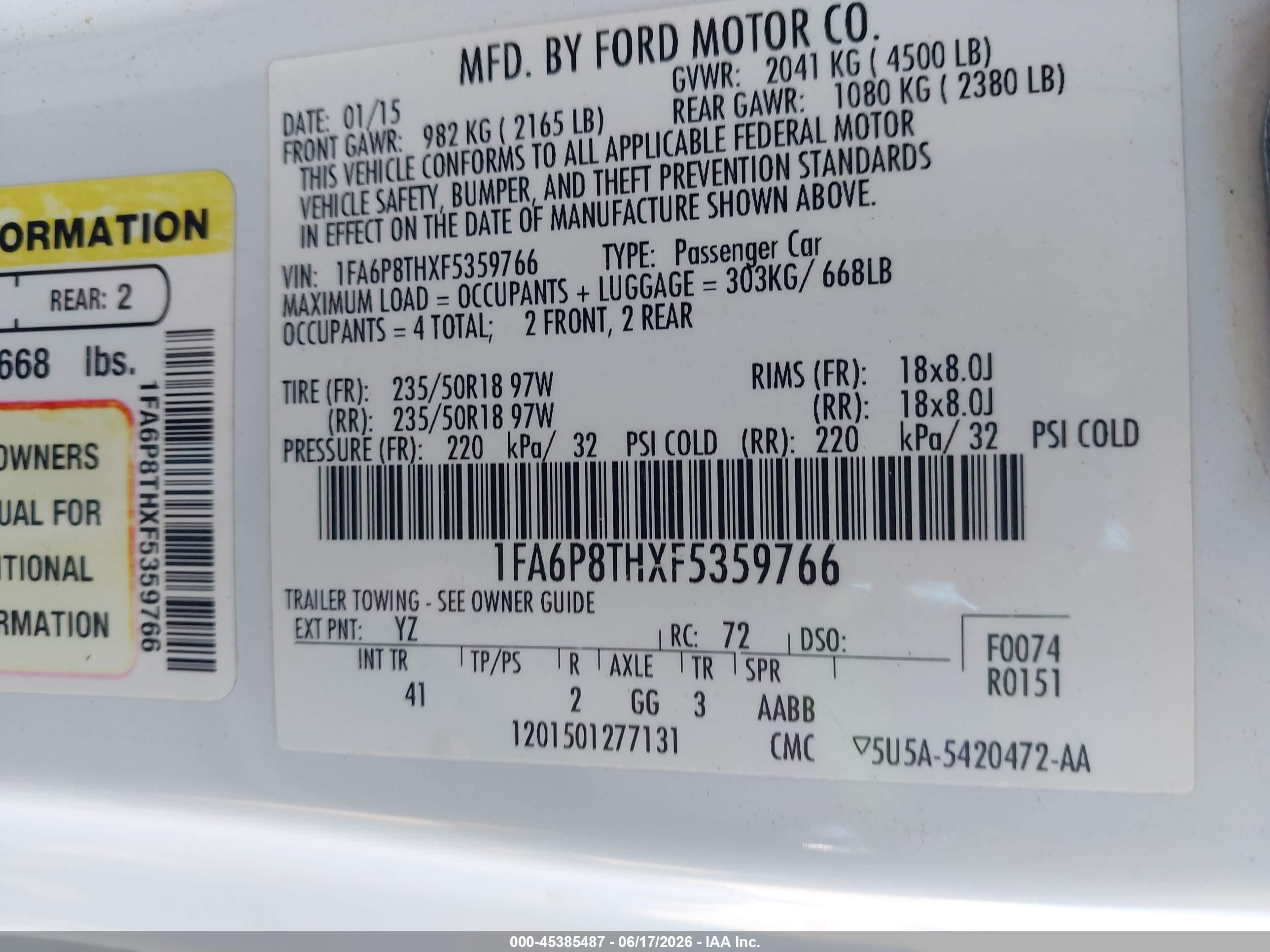 2015 Ford Mustang Ecoboost Белый vin: 1FA6P8THXF5359766