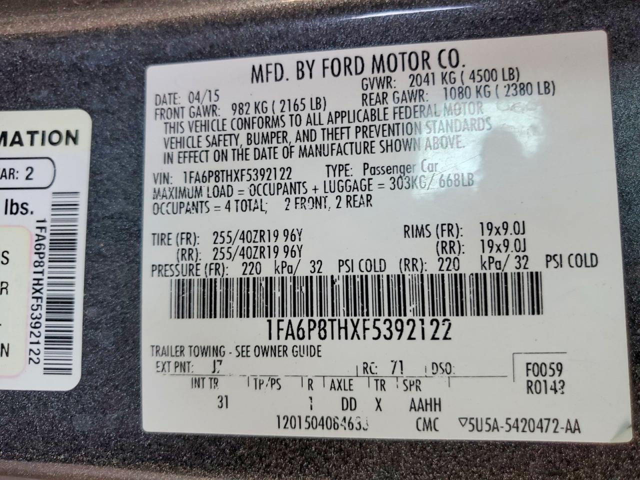 2015 Ford Mustang Charcoal vin: 1FA6P8THXF5392122