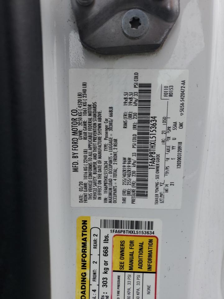 2020 Ford Mustang  White vin: 1FA6P8THXL5153634