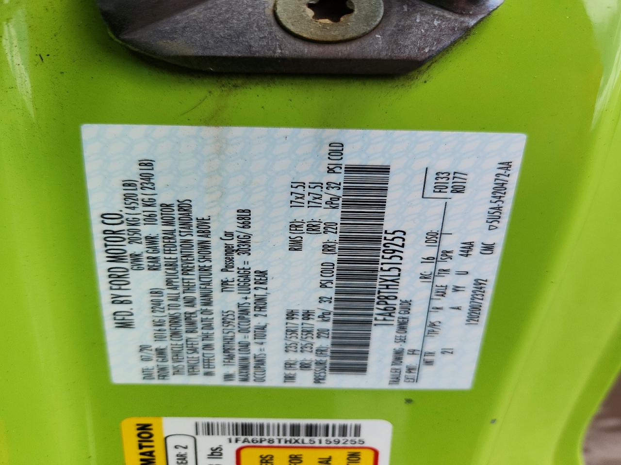 2020 Ford Mustang Green vin: 1FA6P8THXL5159255