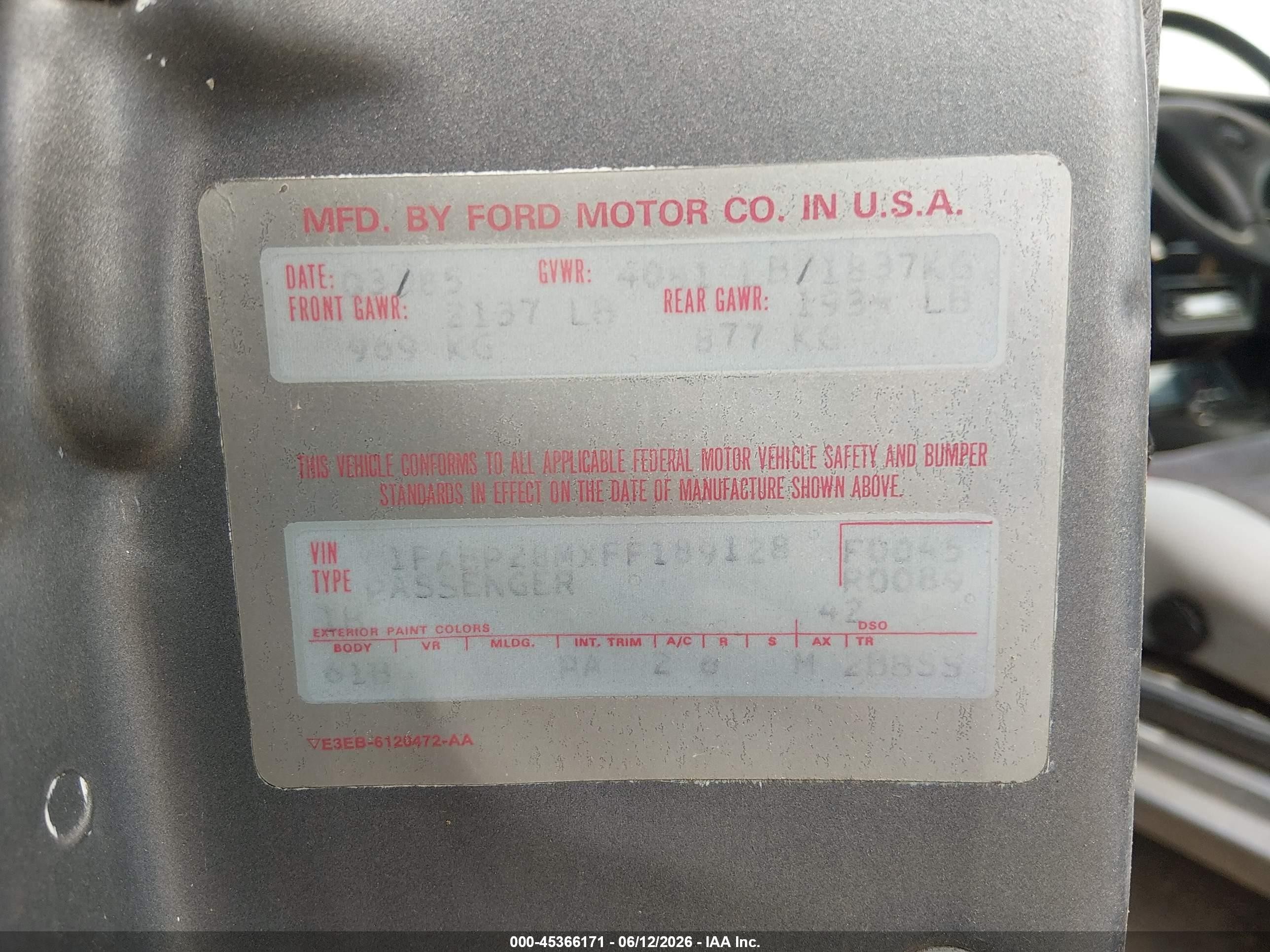 1985 Ford Mustang Lx/gt Gray vin: 1FABP28MXFF189128