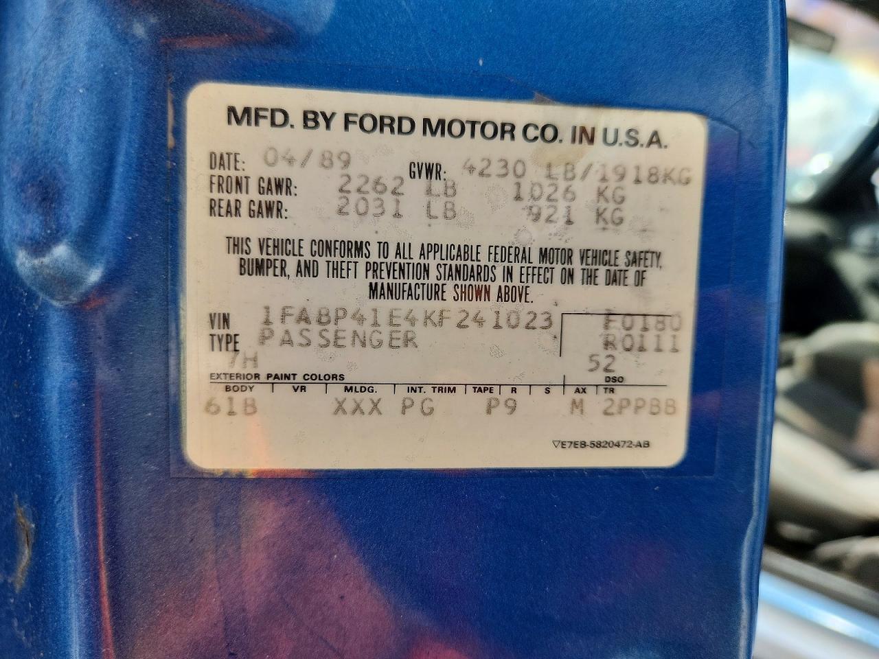 1989 Ford Mustang Lx Silver vin: 1FABP41E4KF241023