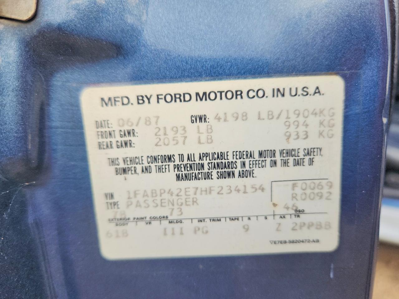 1987 Ford Mustang Gt Blue vin: 1FABP42E7HF234154